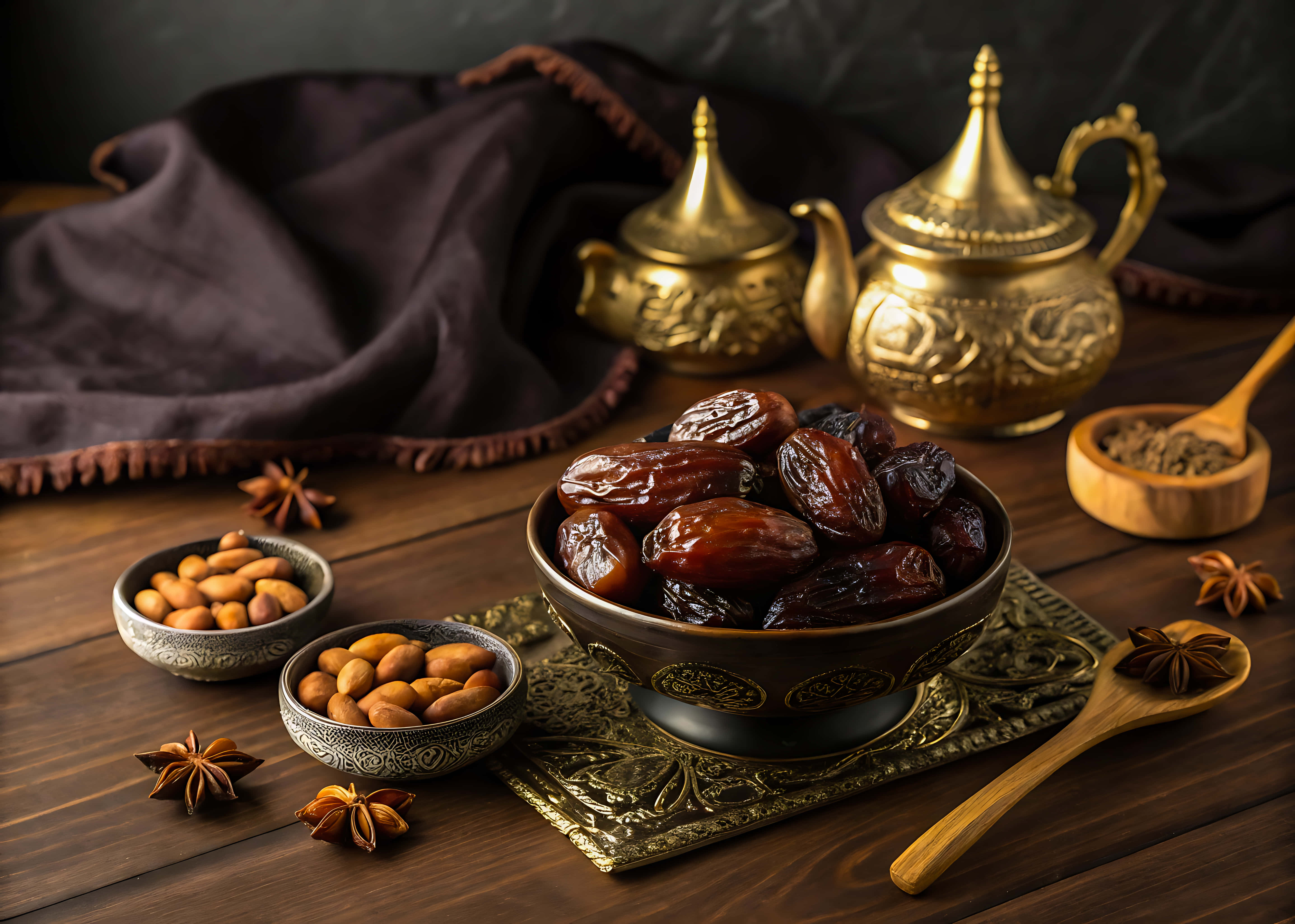 dates, almonds, golden teapots, 5K Desktop Wallpaper
