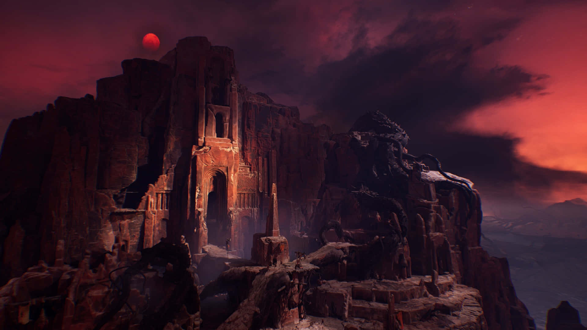 Dathomir, blood red sunset sky, ancient stone ruins, Full HD Desktop Wallpaper
