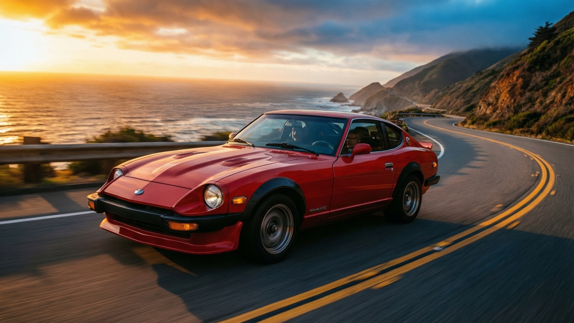 Datsun 280ZX, red, coastal road, Full HD Desktop Wallpaper