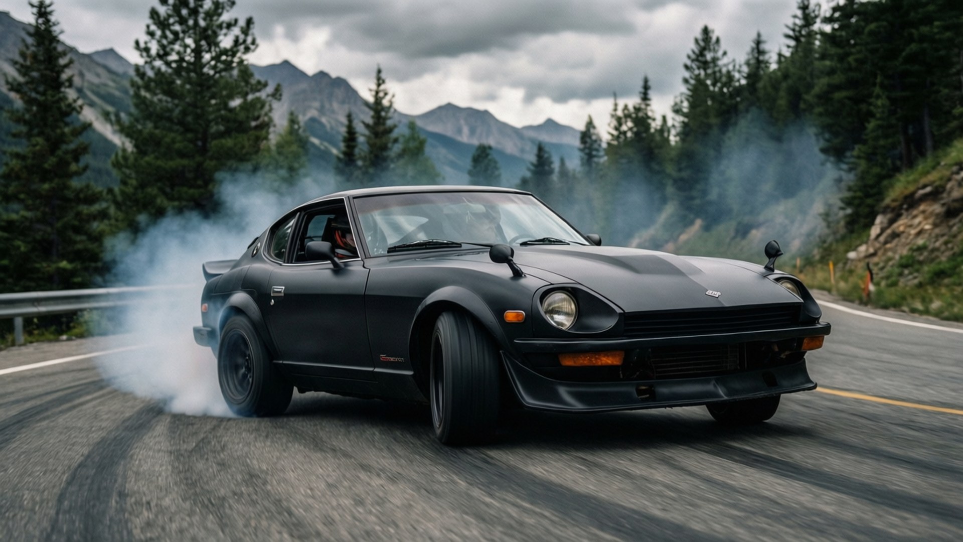 Datsun 280ZX, mountain road, black, Full HD Desktop Wallpaper
