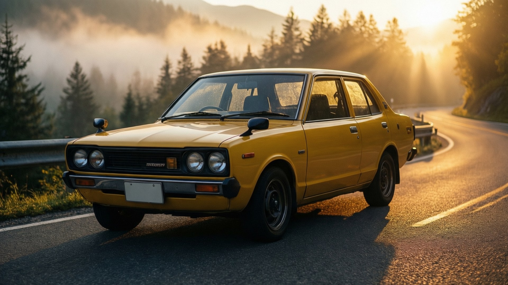 Datsun 510, mountain road, mist, Full HD Desktop Wallpaper