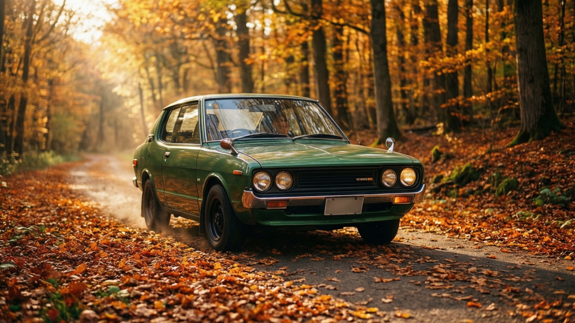 Datsun 510, forest road, autumn leaves, Full HD Desktop Wallpaper