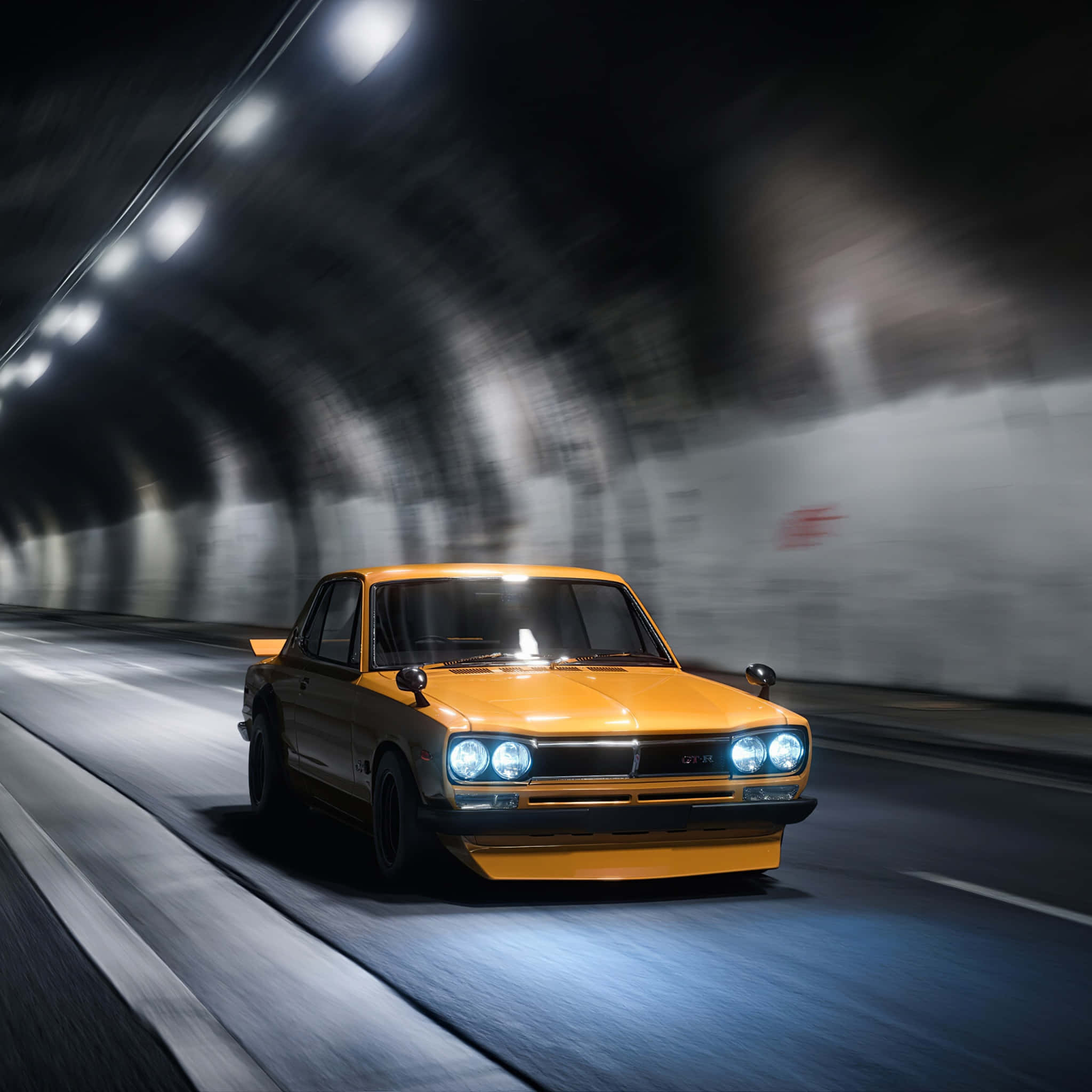 Datsun 510, vibrant orange, dimly lit tunnel, Full HD Desktop Wallpaper