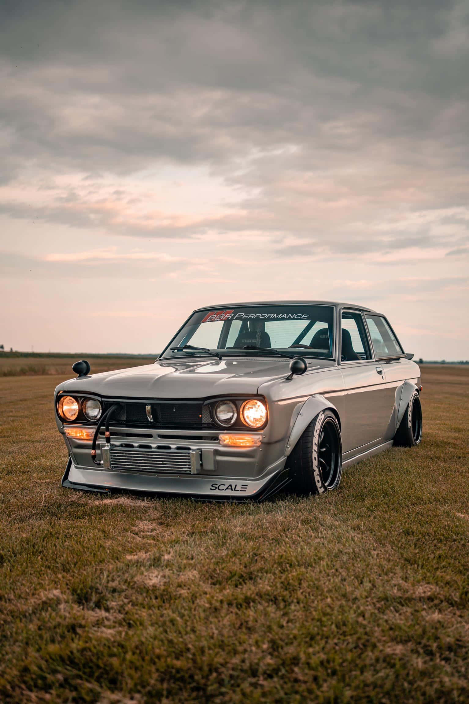 Datsun 510, silver, glowing headlights, Full HD Phone Wallpaper