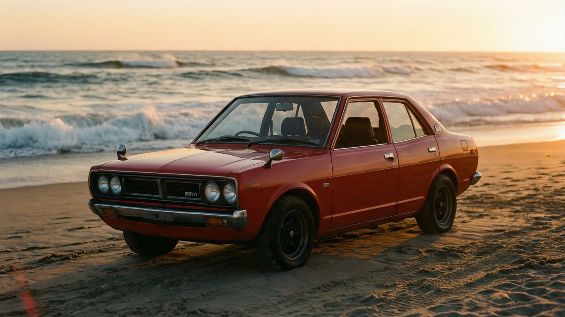 Datsun 510, beach, sunset, Full HD Desktop Wallpaper