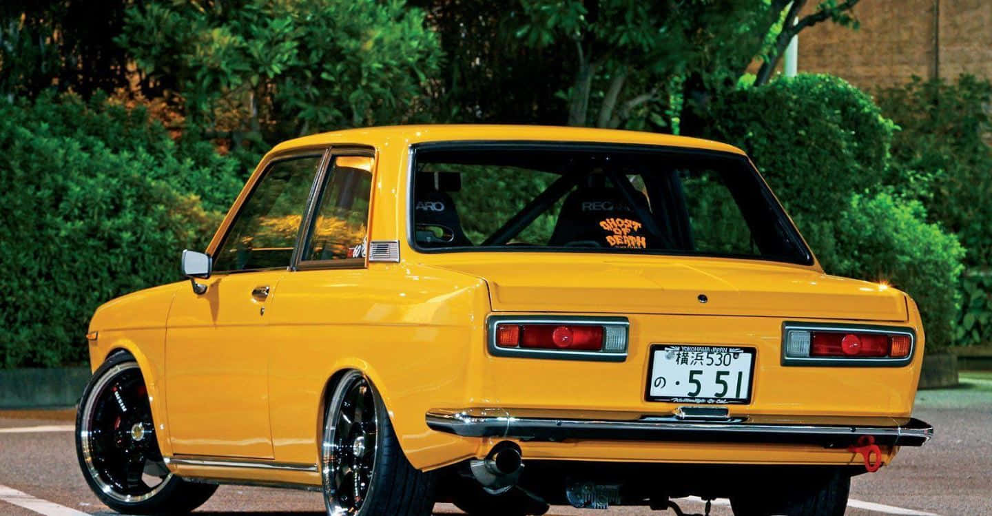 Datsun 510, vibrant yellow, custom black wheels, HD Desktop Wallpaper