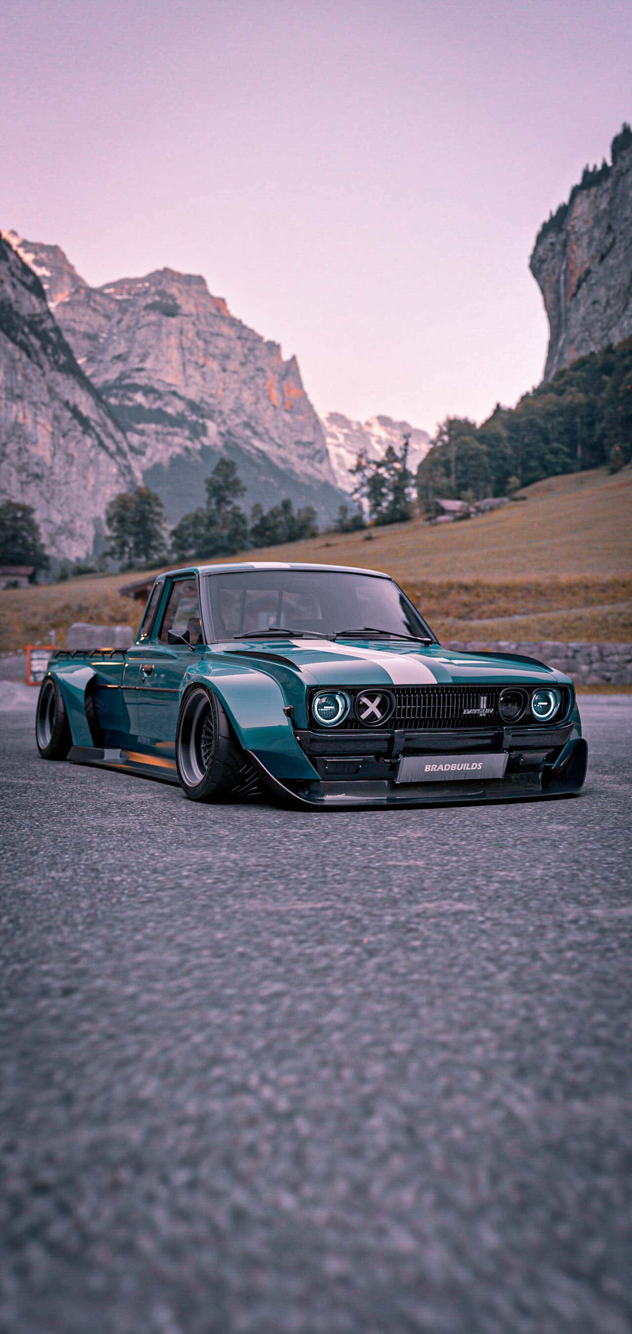 Datsun 620, teal, white stripes, 2K Phone Wallpaper