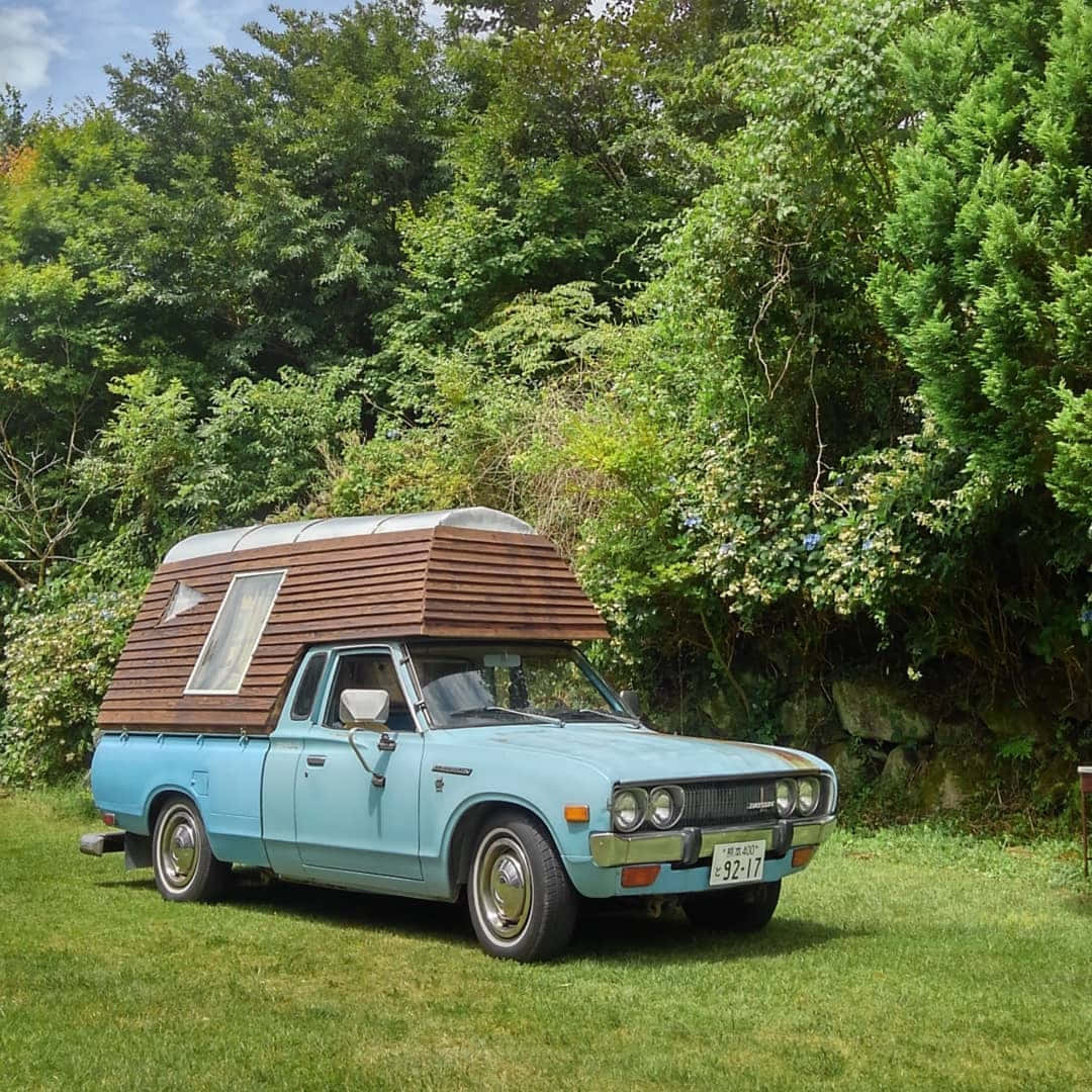 Datsun 620, light blue, camper truck, SD Desktop Wallpaper