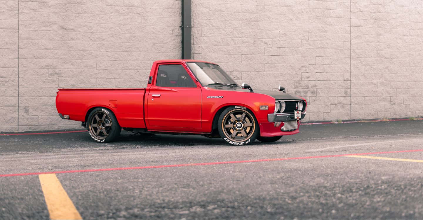 Datsun 620, vibrant red, custom gold wheels, HD Desktop Wallpaper
