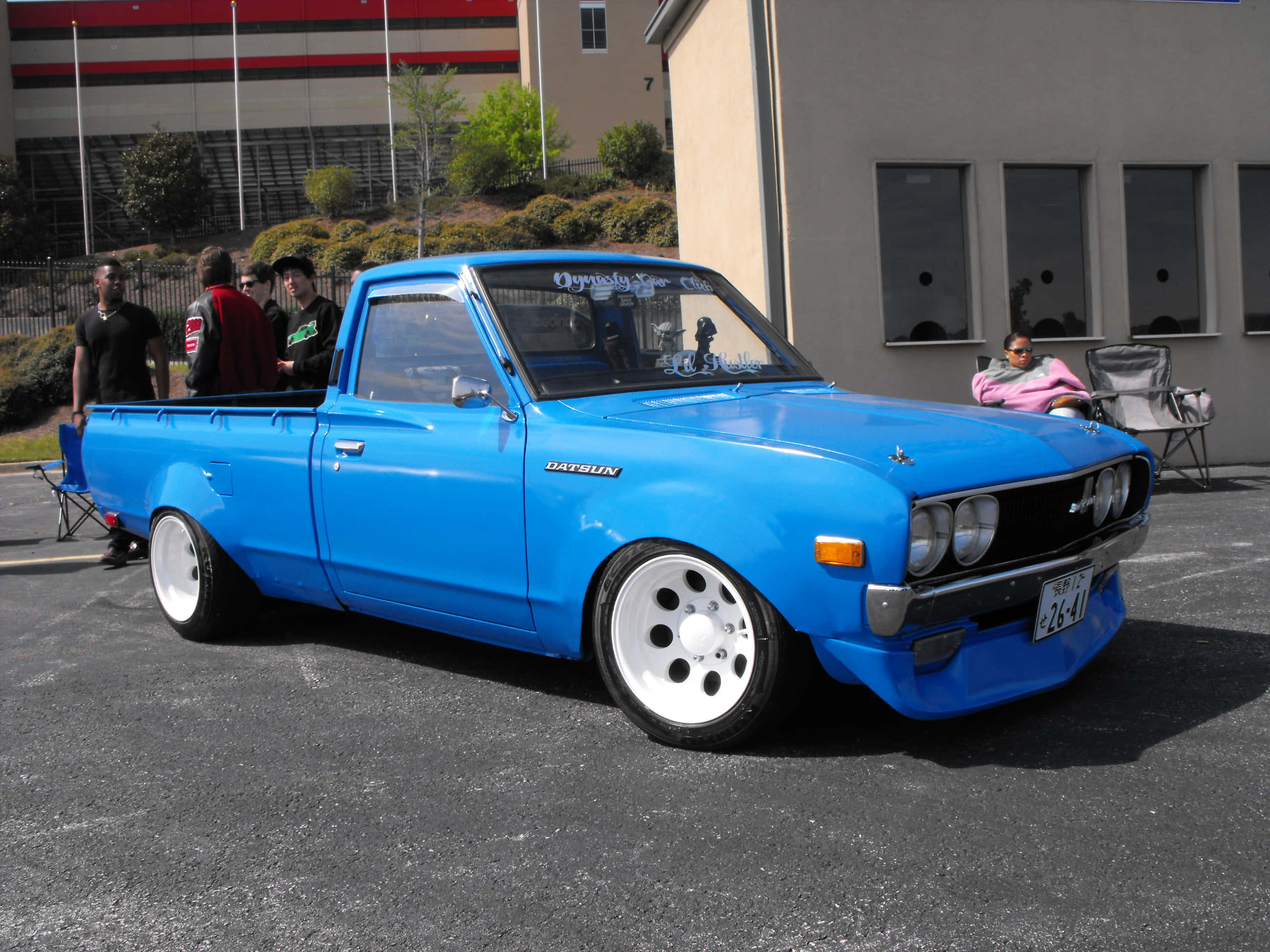 Datsun 620, vibrant blue, white wheels, 2K Desktop Wallpaper