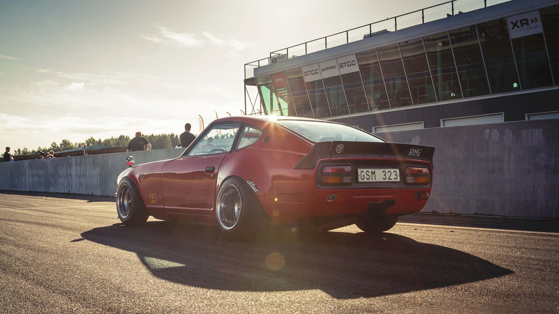 Datsun, red classic sports car, racetrack, Full HD Desktop Wallpaper