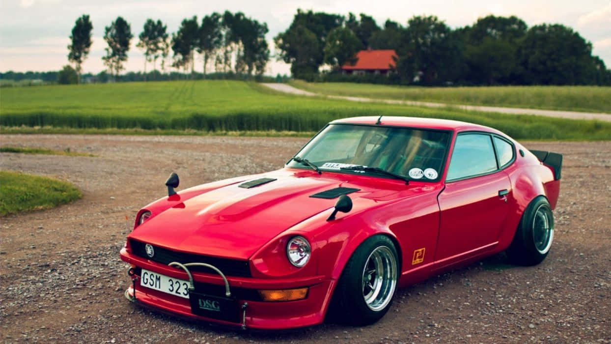 Datsun 1244, classic sports car, vibrant red, SD Desktop Wallpaper