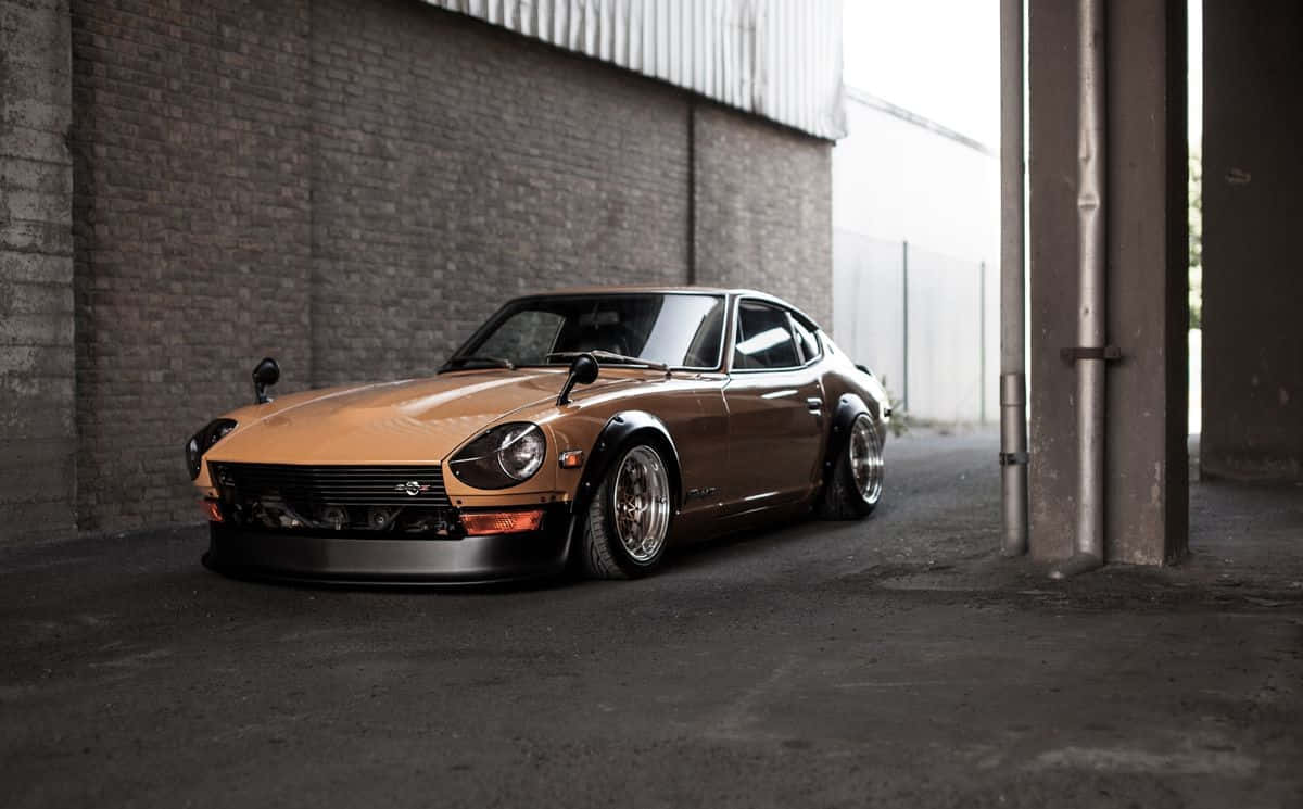 Datsun 1200, vibrant blue, industrial warehouse, SD Desktop Wallpaper