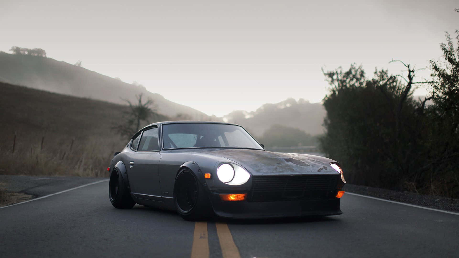 Datsun, matte gray, glowing headlights, Full HD Desktop Wallpaper