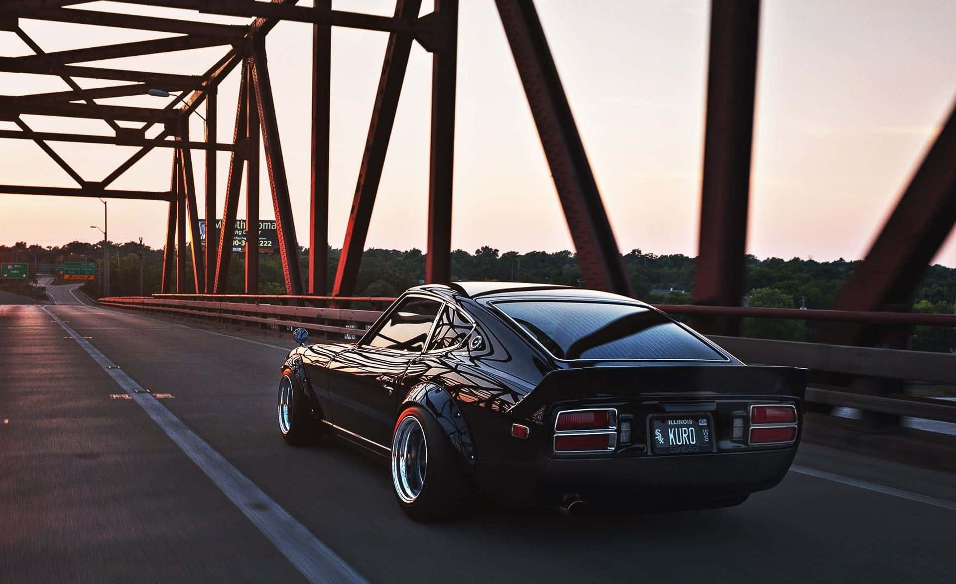 Datsun, classic sports car, steel truss bridge, Full HD Desktop Wallpaper