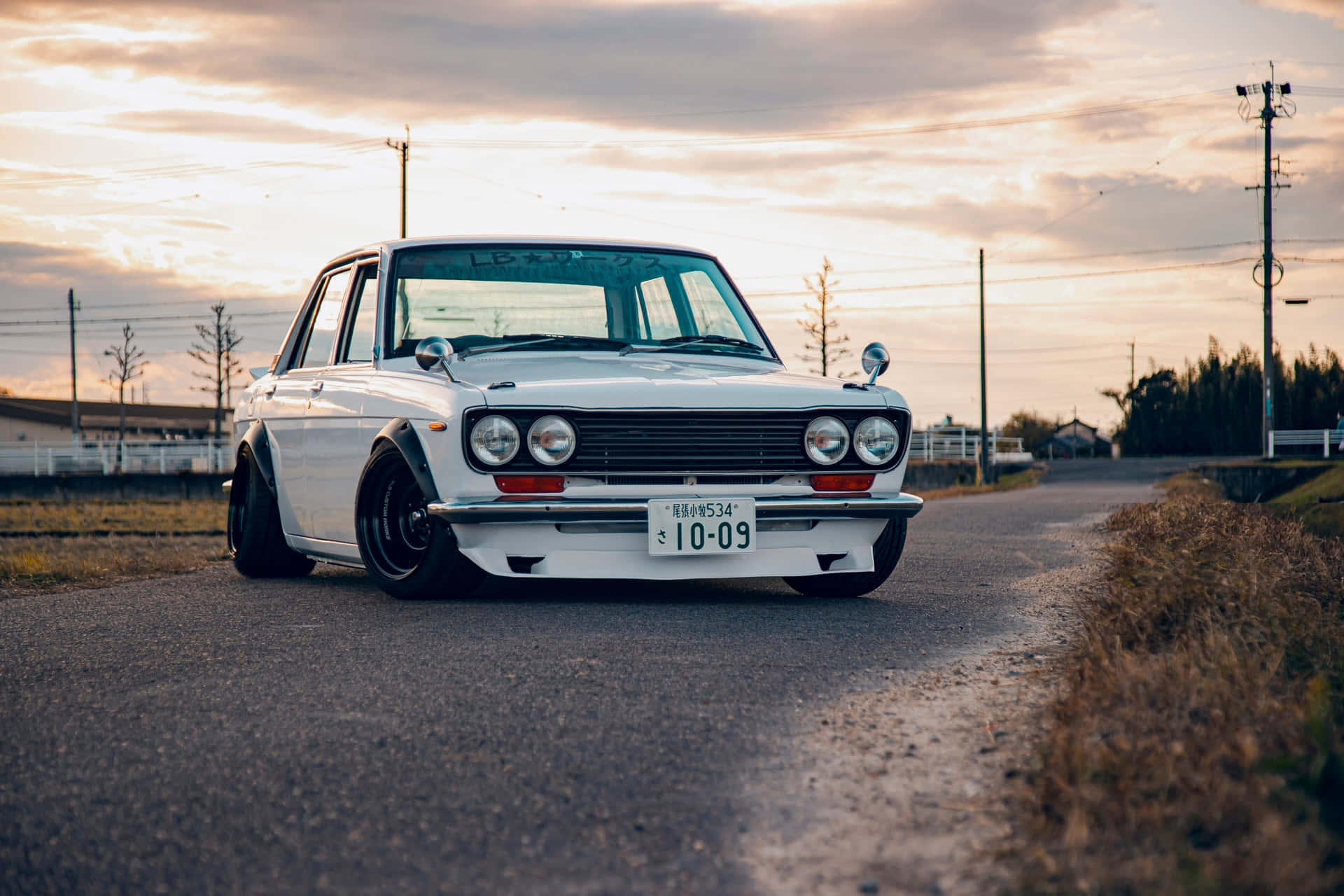 Datsun 510, white, rural road, Full HD Desktop Wallpaper