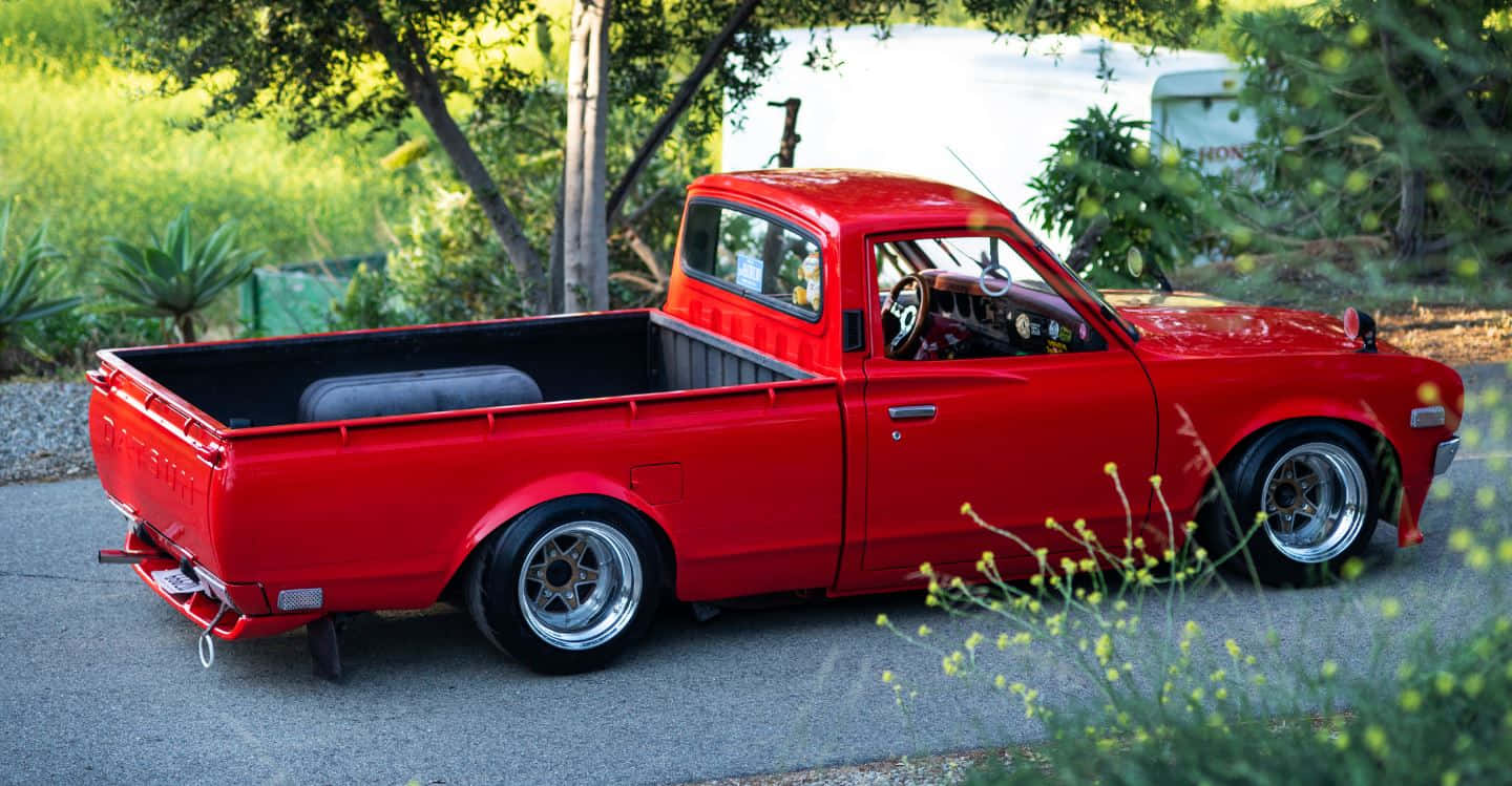 Datsun 620, vibrant red, gravel path, HD Desktop Wallpaper
