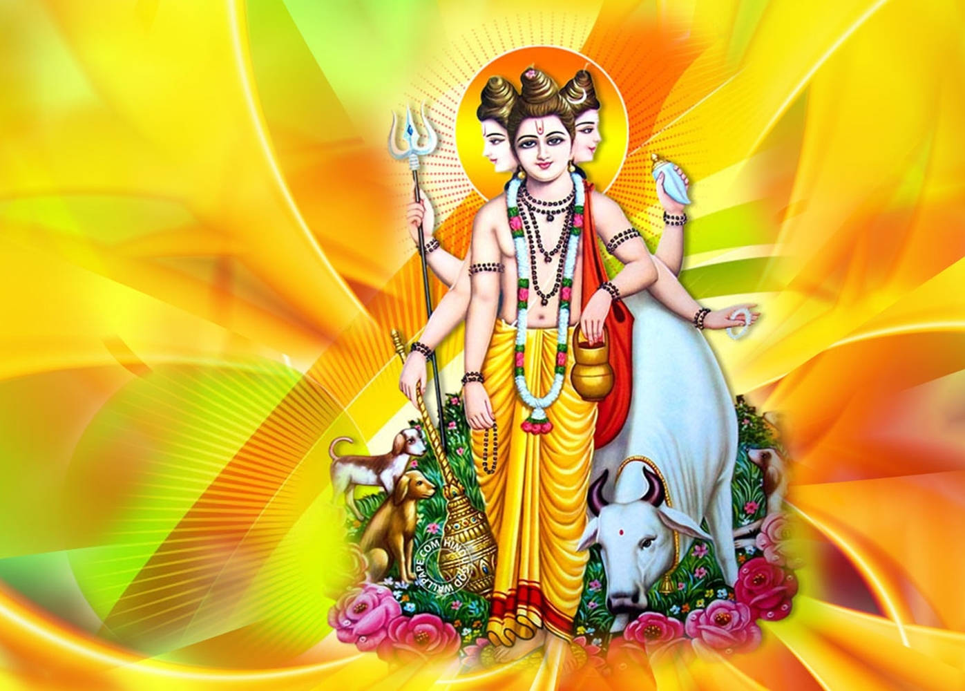 Dattatreya, three-faced Hindu deity, multiple arms, HD Desktop Wallpaper