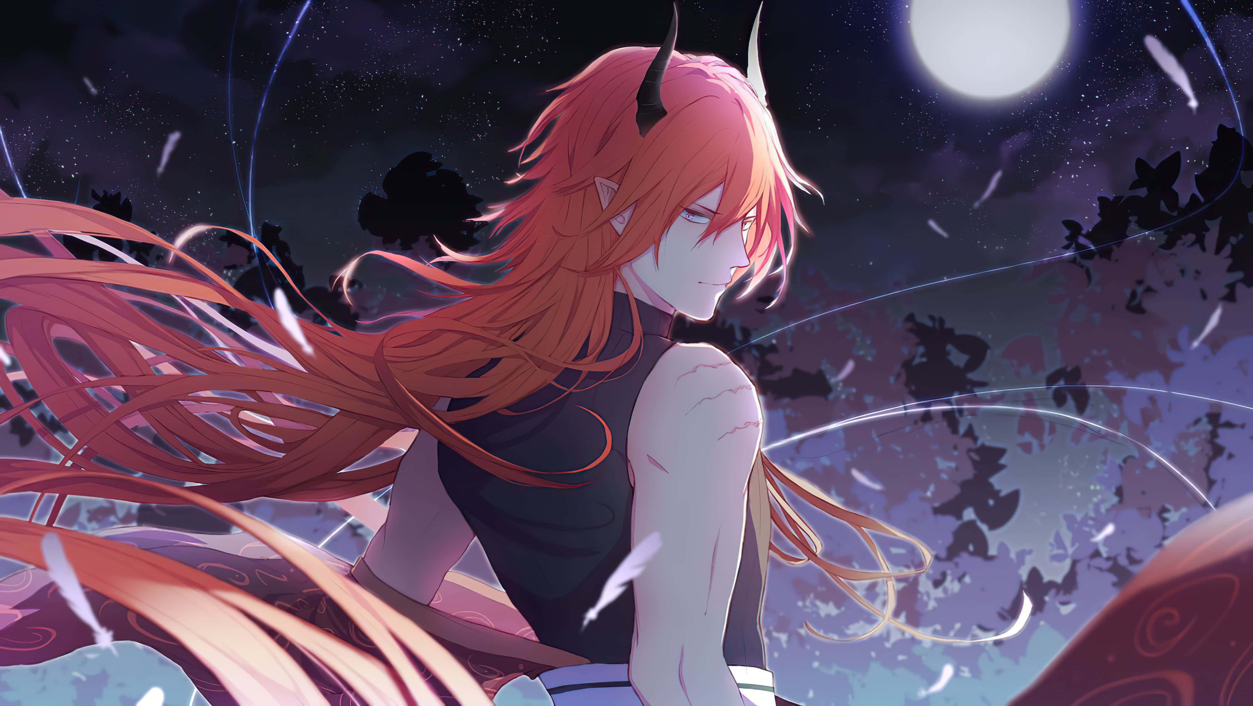 red-haired anime character, horns, full moon, 5K Desktop Wallpaper