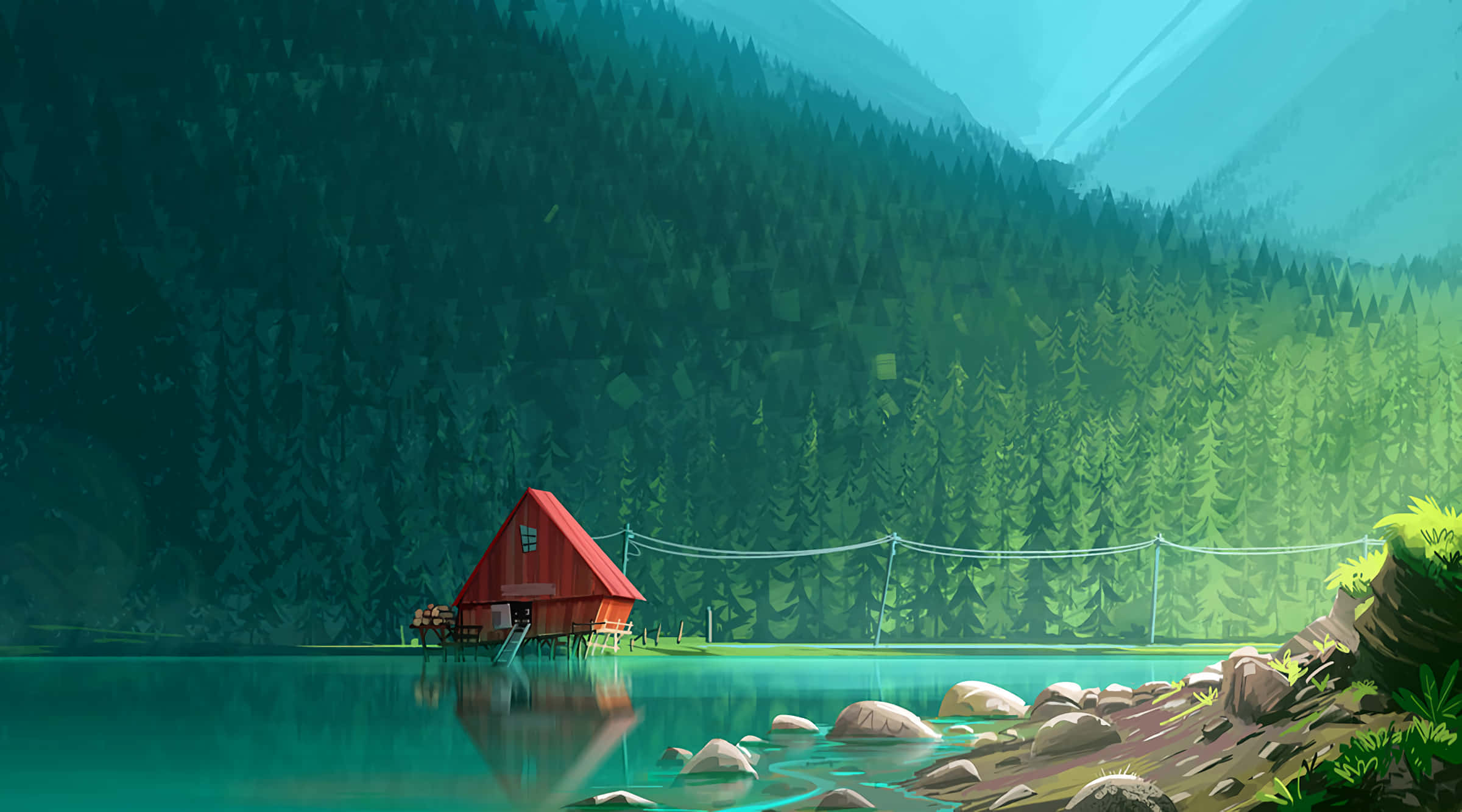 Dave2d, vibrant red, calm turquoise lake, Full HD Desktop Wallpaper