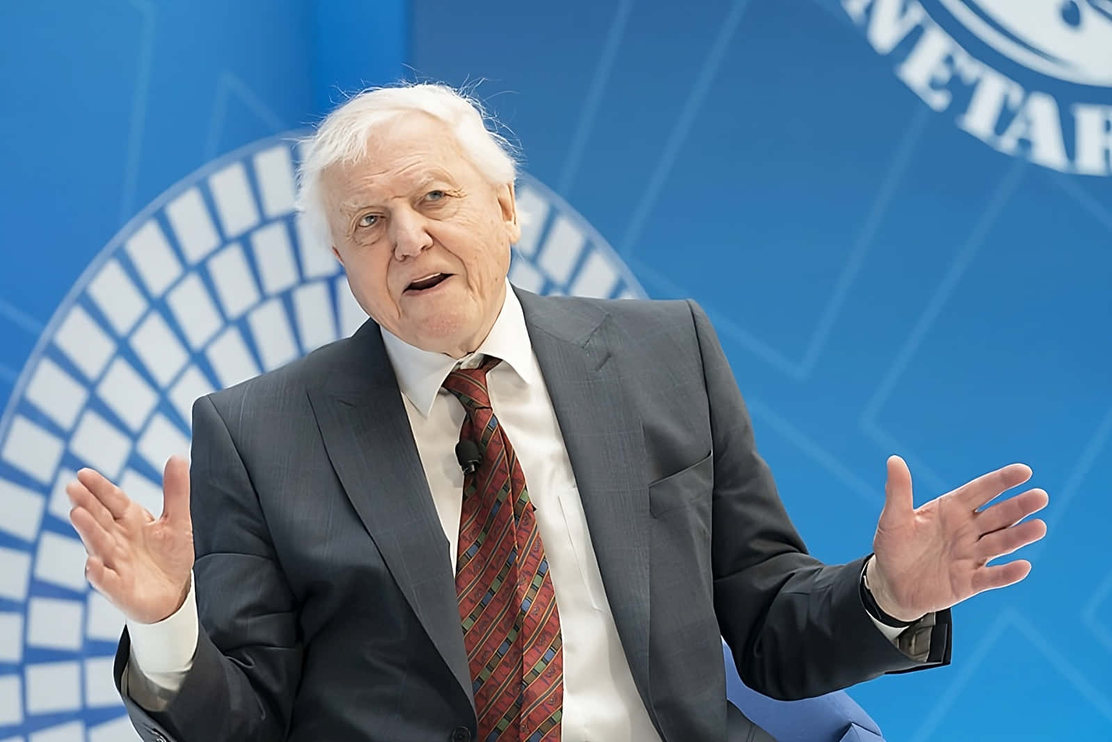David Attenborough, dark suit, patterned tie, HD Desktop Wallpaper