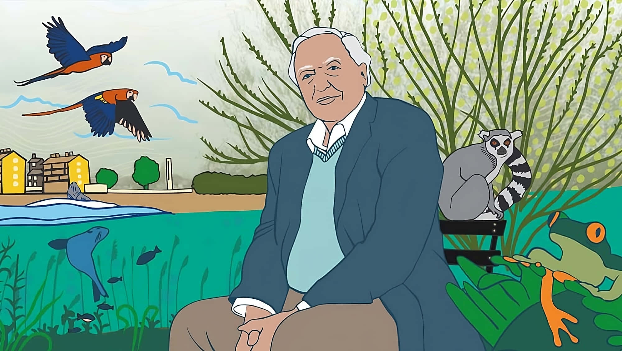David Attenborough, parrots, lemur, Full HD Desktop Wallpaper