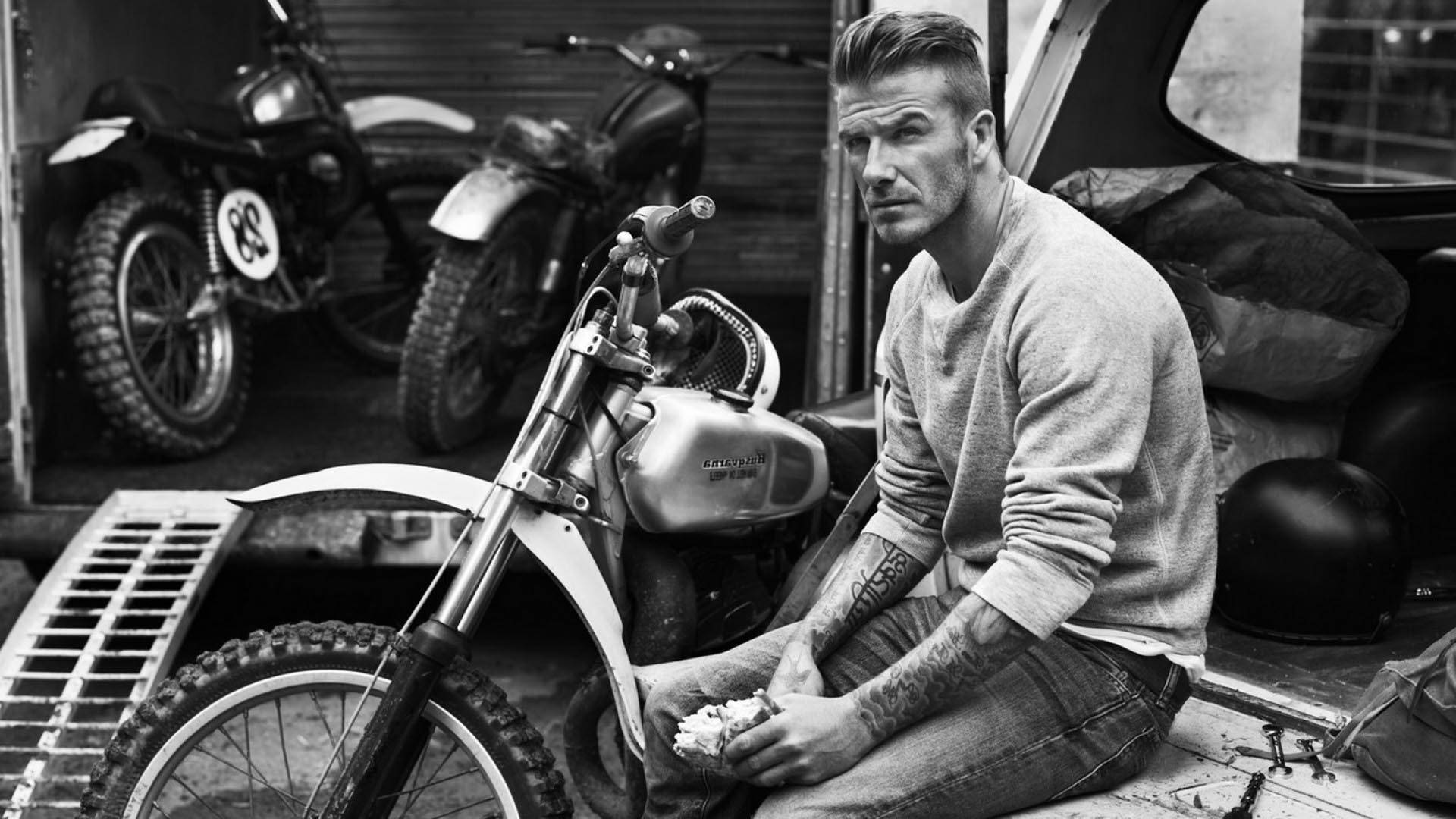 David Beckham, vintage motorcycle, garage, Full HD Desktop Wallpaper