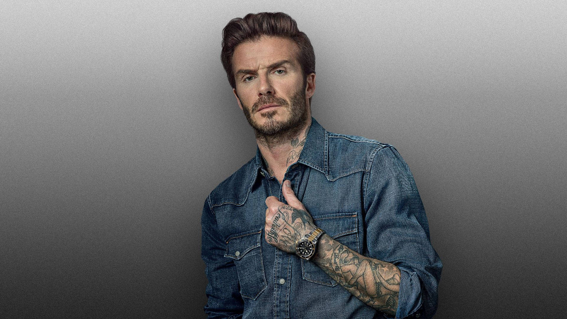 David Beckham, denim shirt, gradient gray backdrop, Full HD Desktop Wallpaper