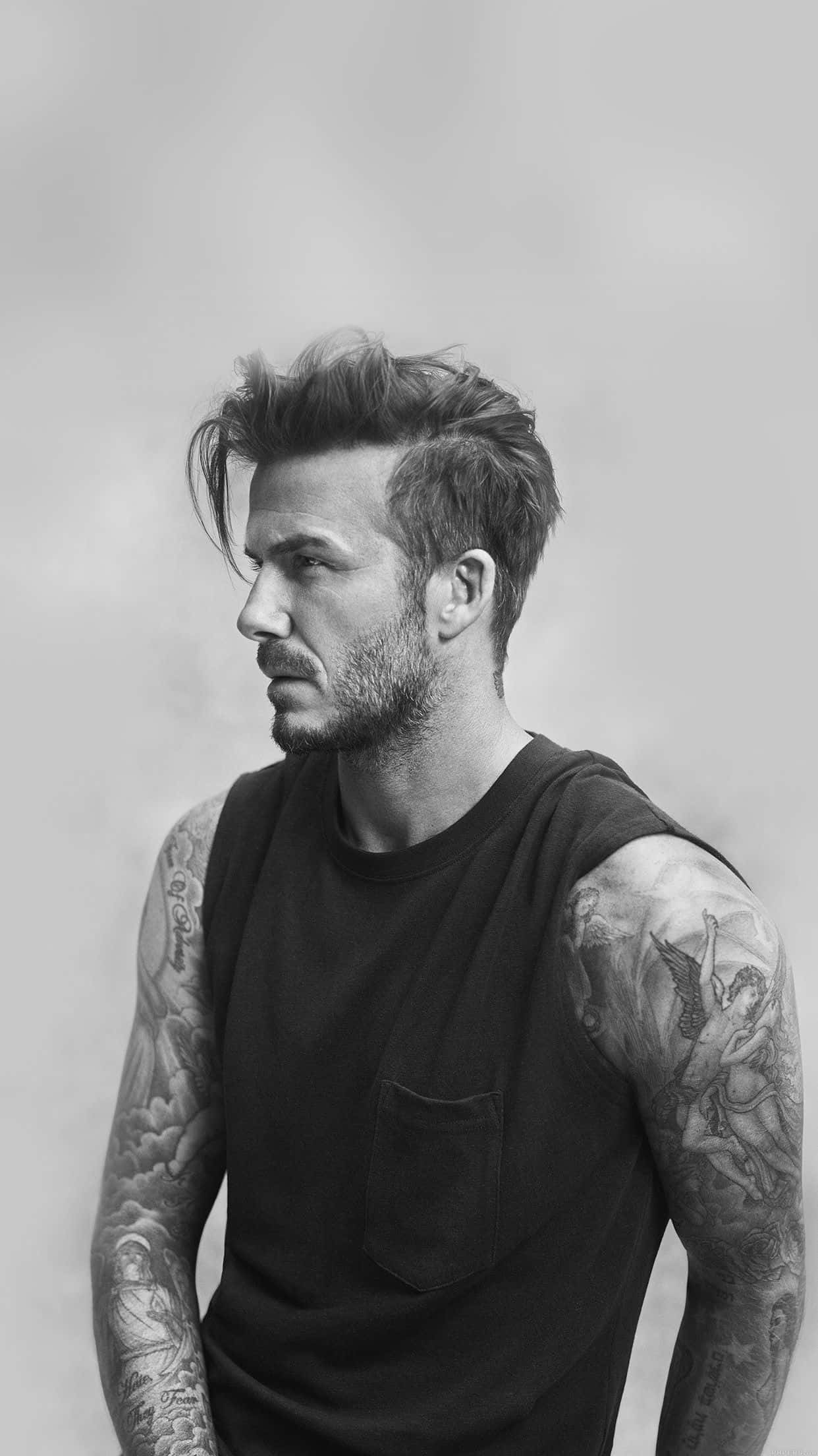 David Beckham, black and white portrait, tattoos on his arms, Full HD Phone Wallpaper