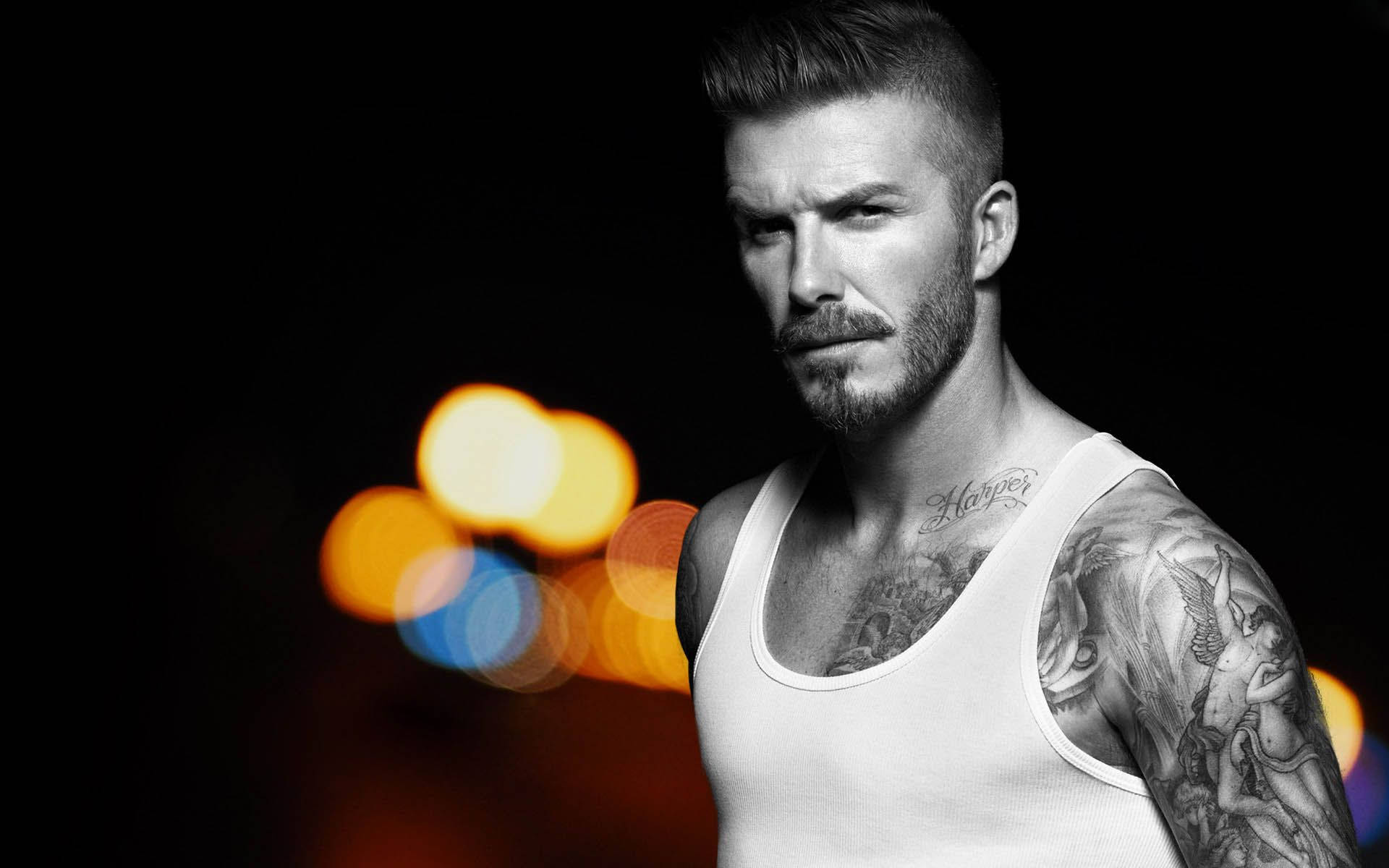 David Beckham, bokeh effects, tattoos, Full HD Desktop Wallpaper