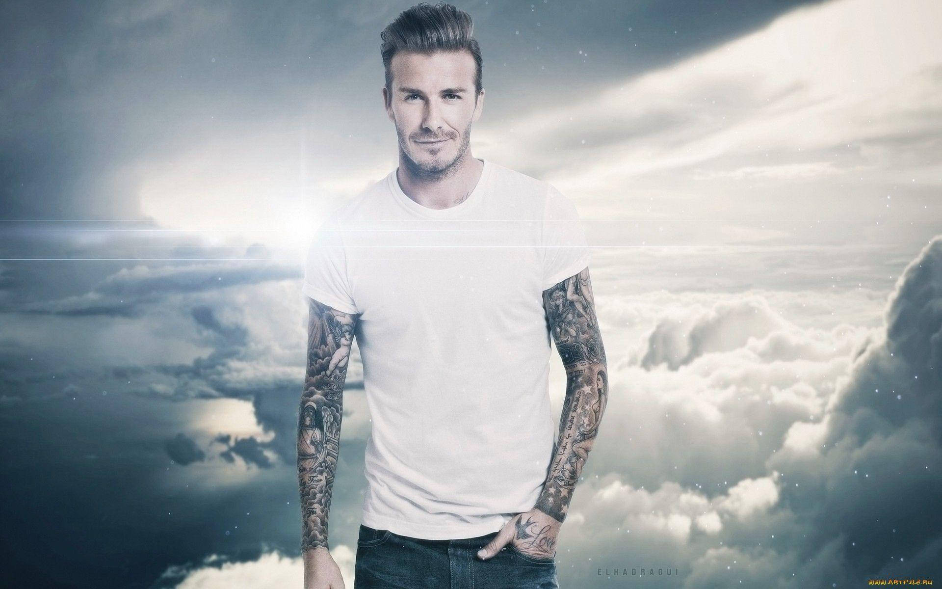 David Beckham, tattooed arms, white tee, Full HD Desktop Wallpaper