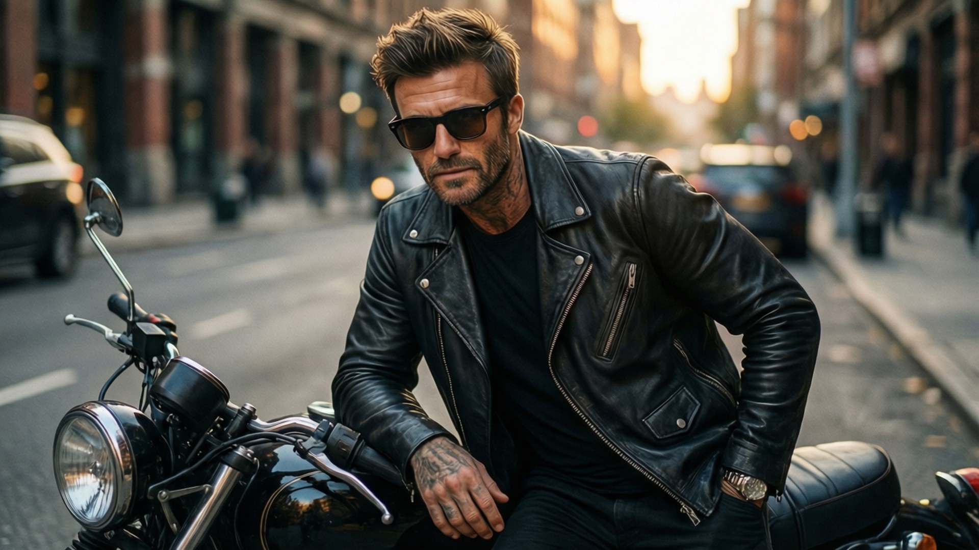 David Beckham, black motorcycle, sunlit city street, Full HD Desktop Wallpaper