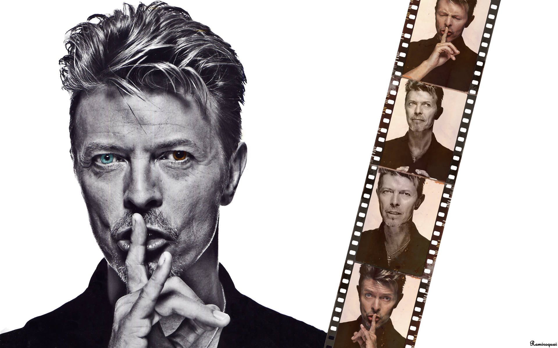David Bowie, red and blue eyes, filmstrip, Full HD Desktop Wallpaper