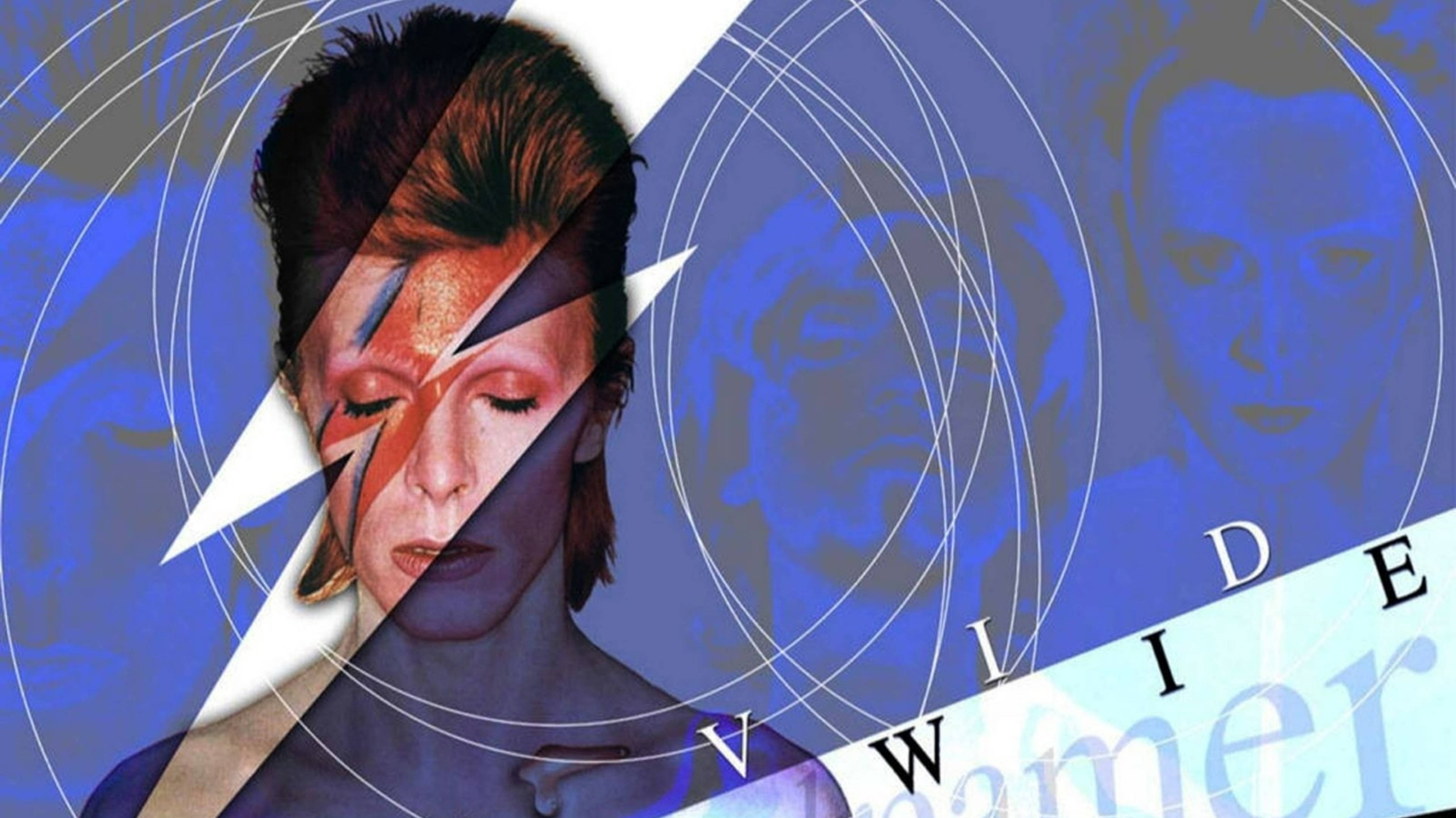 David Bowie, lightning bolt makeup, blue abstract background, 4K Desktop Wallpaper