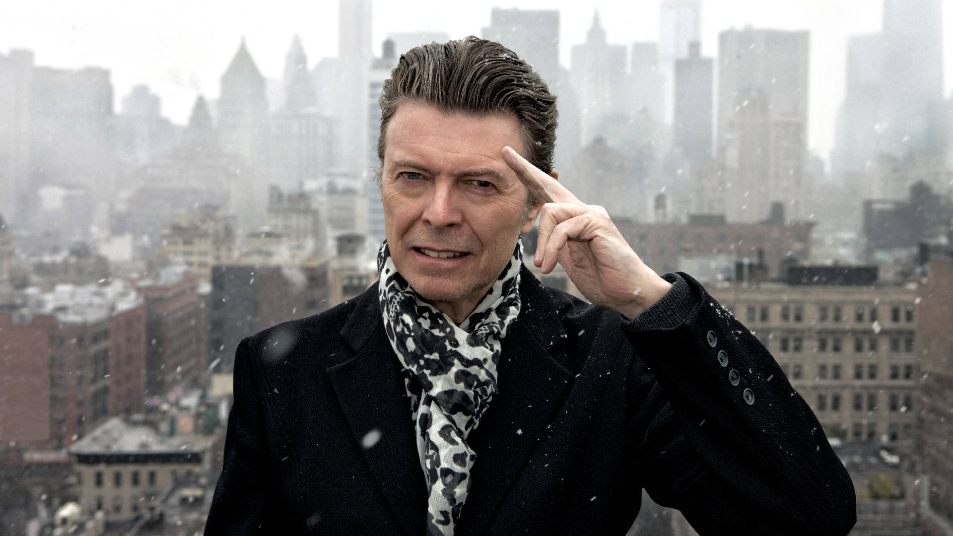 David Bowie, snowy rooftop, black coat, Full HD Desktop Wallpaper
