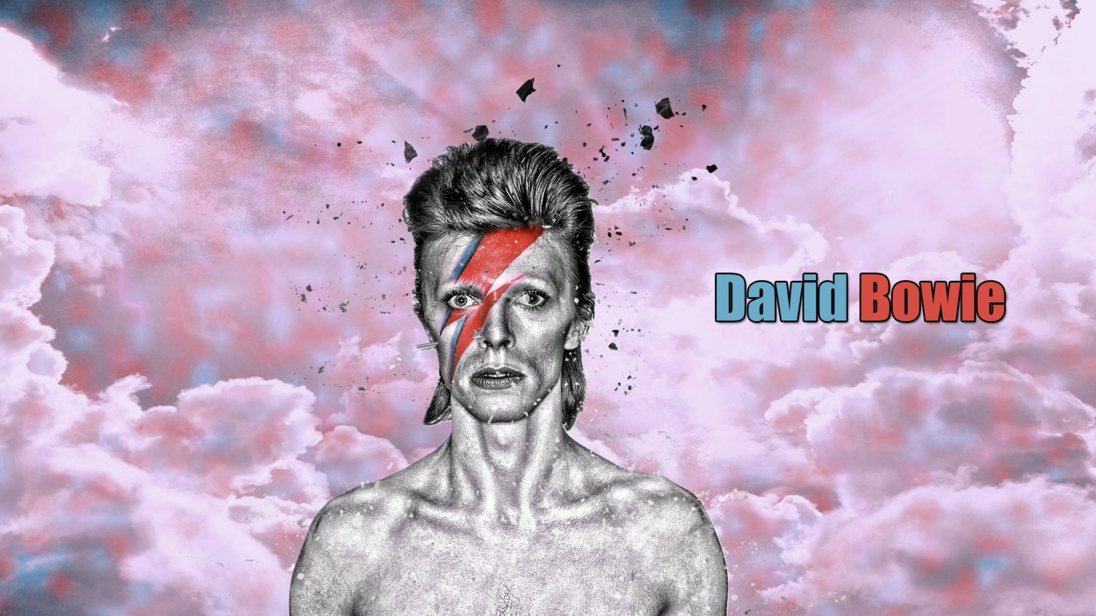 David Bowie, lightning bolt makeup, surreal pink and blue cloudy sky, 4K Desktop Wallpaper