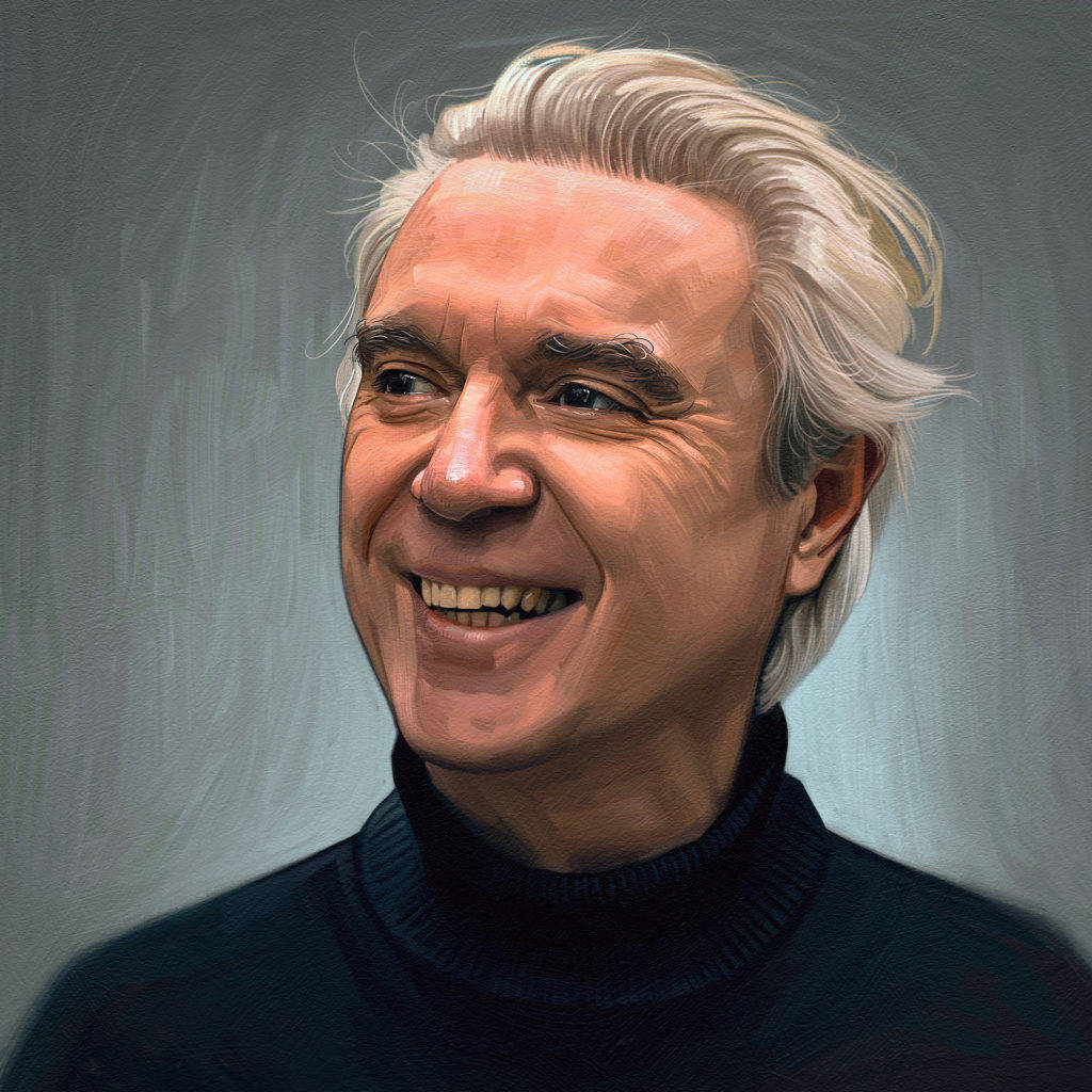David Byrne, white hair, dark turtleneck, SD Desktop Wallpaper