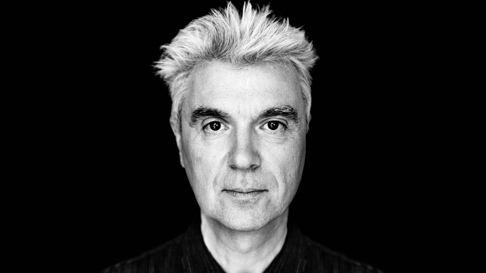 David Byrne, spiky white hair, pure black background, Full HD Desktop Wallpaper