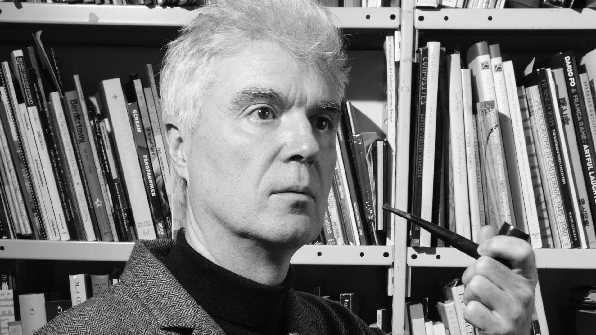 David Byrne, black and white photo, bookshelf, Full HD Desktop Wallpaper