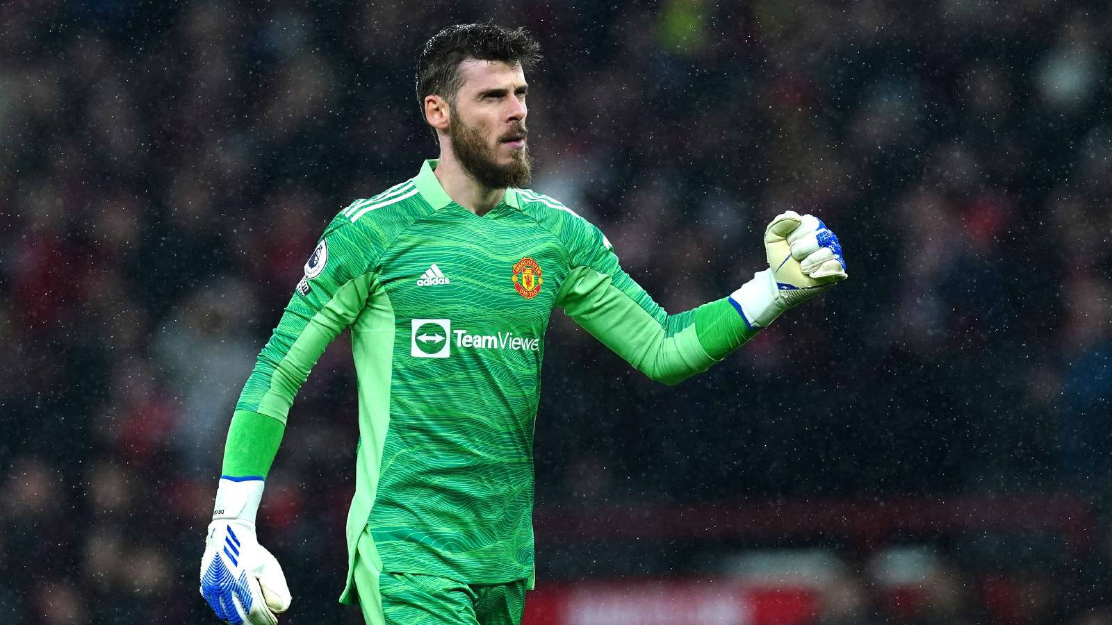 David de Gea, green Manchester United kit, rainy pitch, HD Desktop Wallpaper