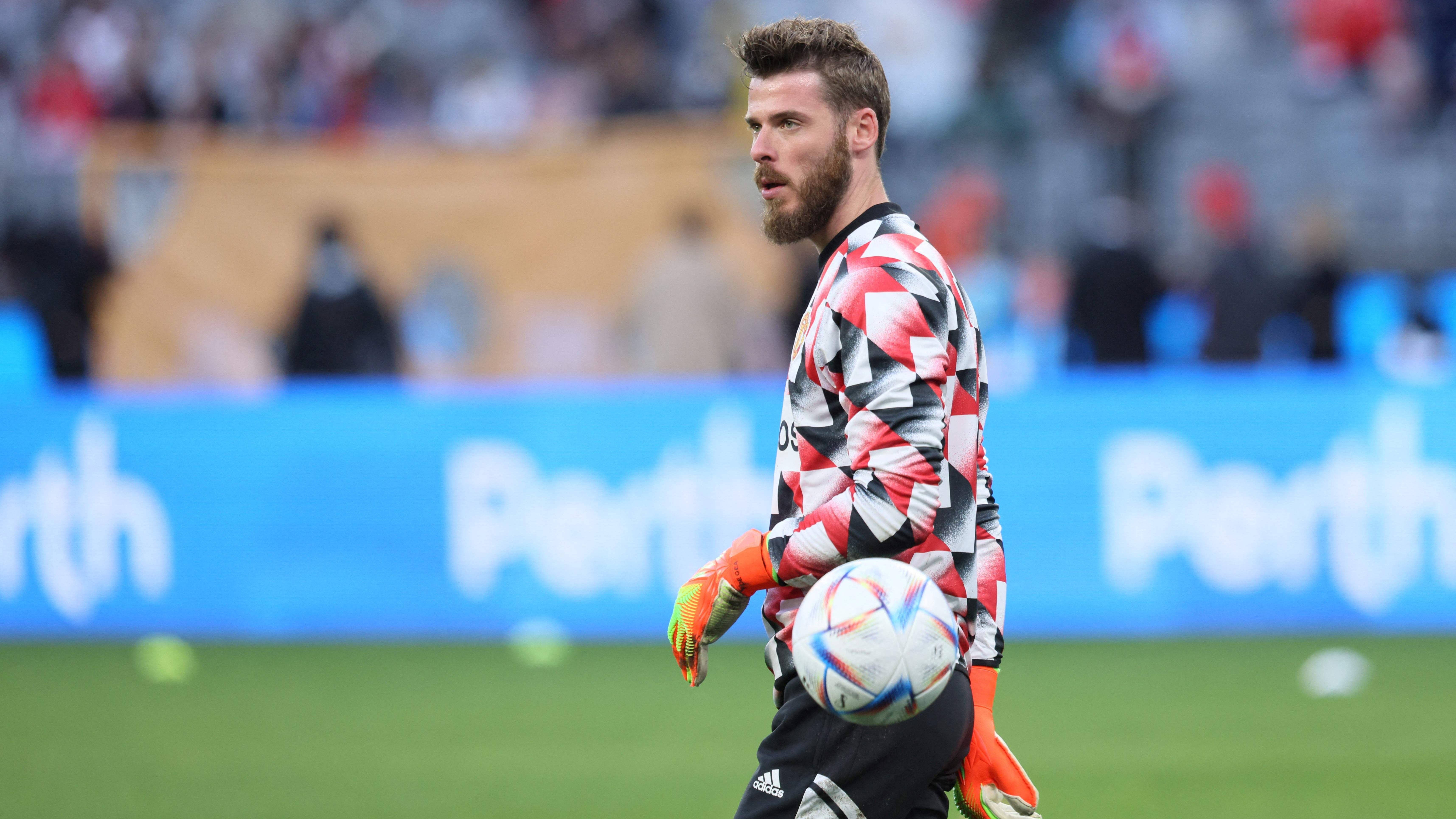 David de Gea, red white black patterned jersey, colorful ball, 5K Desktop Wallpaper