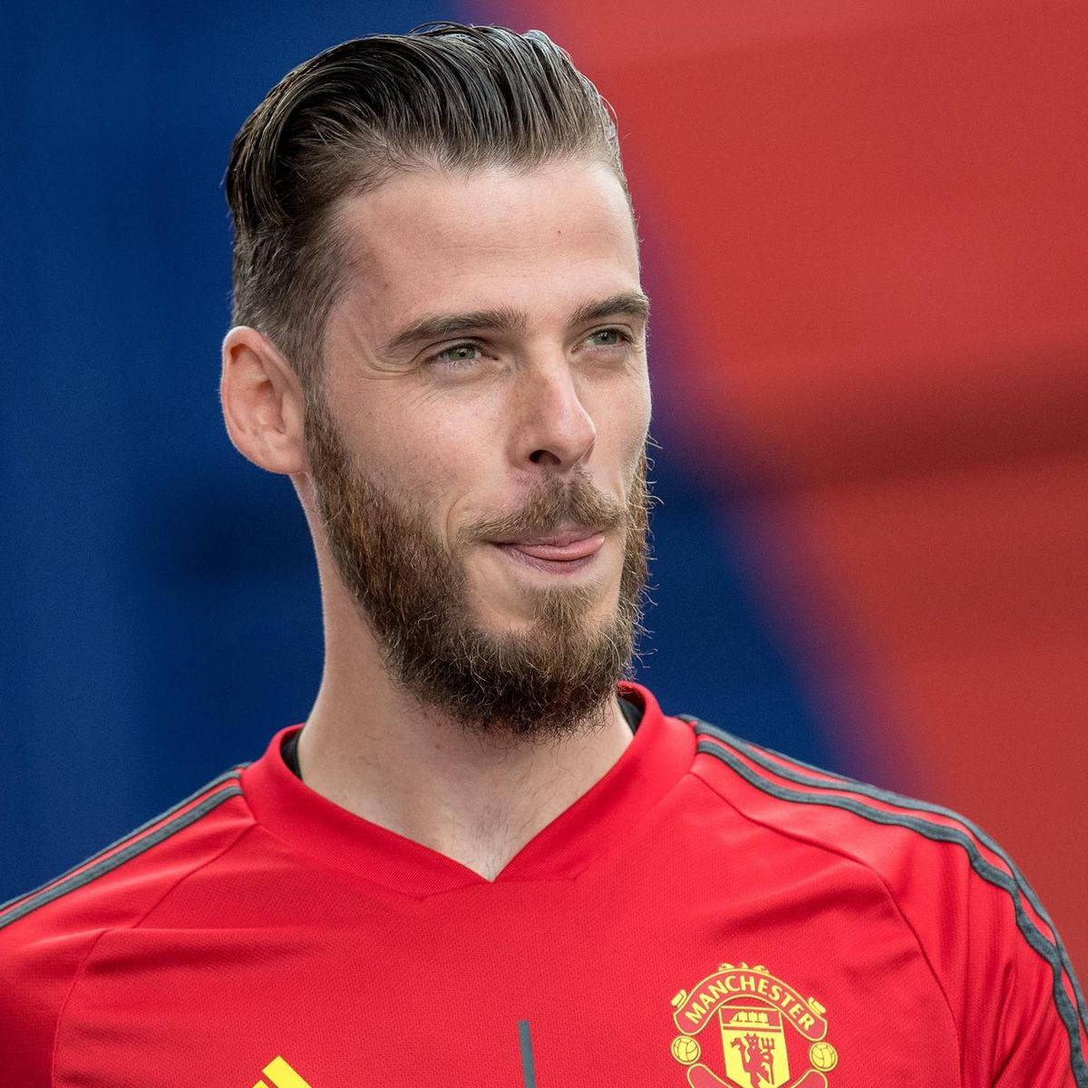 David de Gea, red Manchester United training jersey, blurred blue and red background, SD Desktop Wallpaper