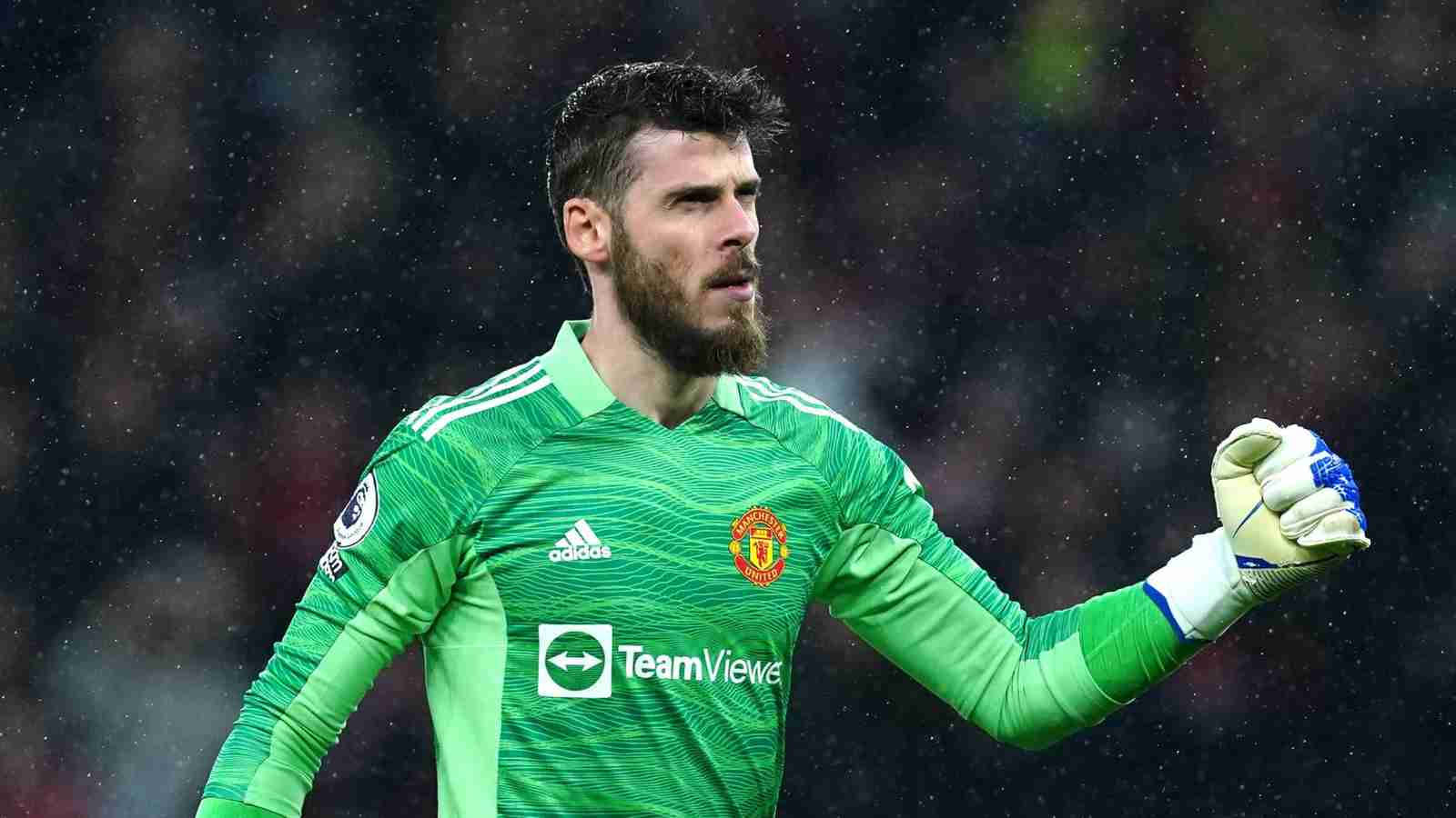 David de Gea, green Manchester United kit, rainy stadium lights, HD Desktop Wallpaper