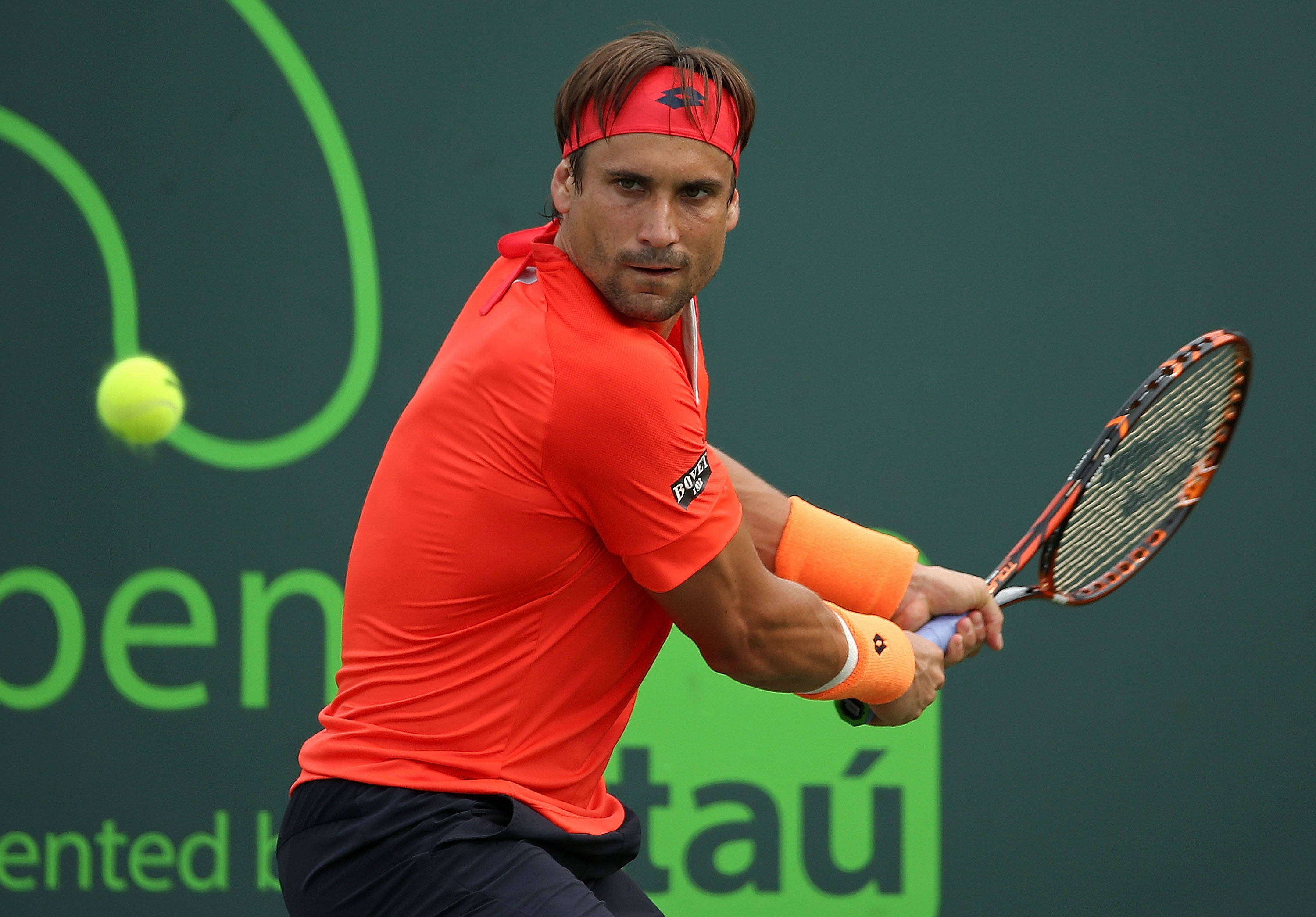 David Ferrer, orange shirt, yellow tennis ball, 2K Desktop Wallpaper