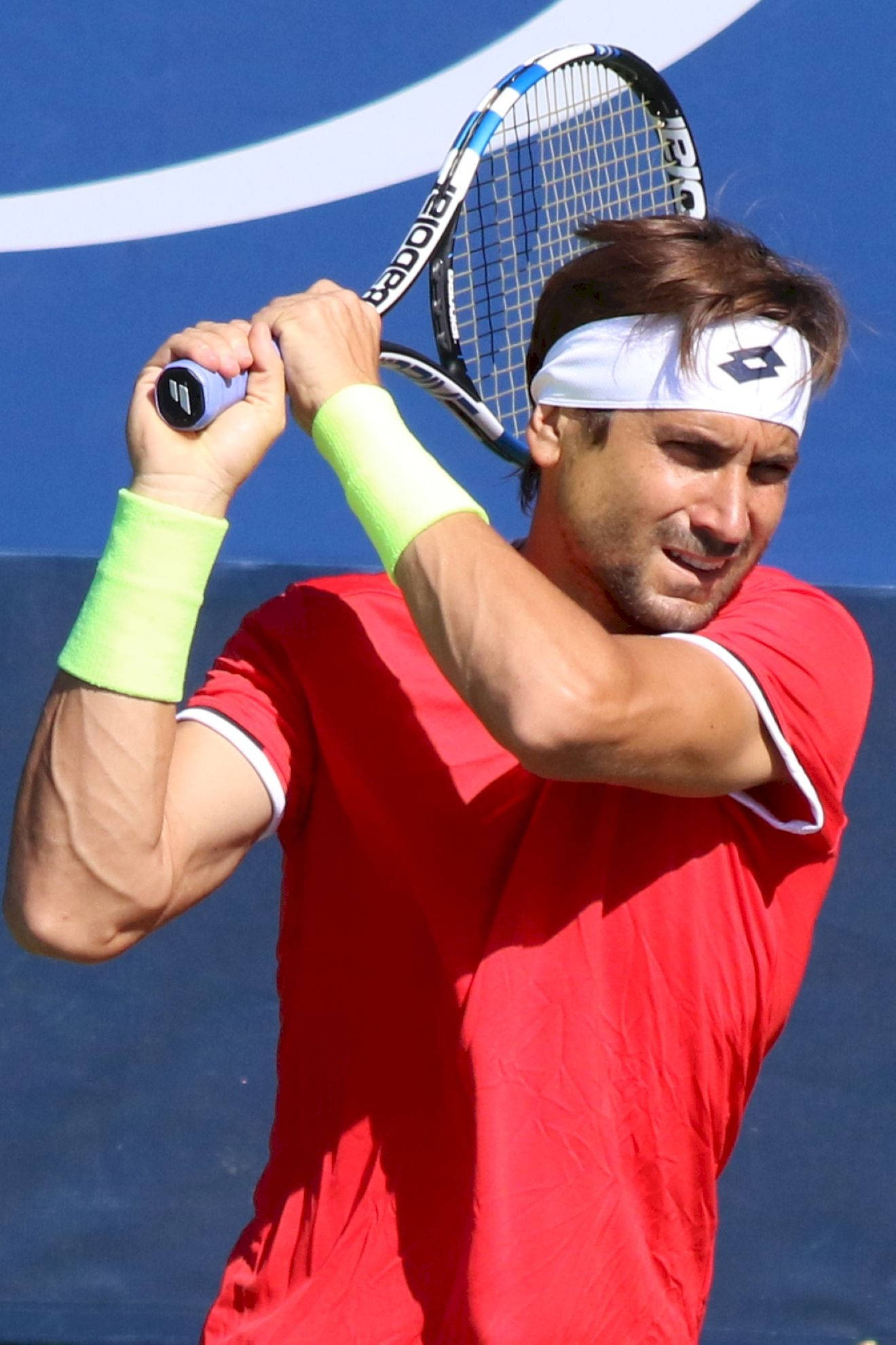 David Ferrer, red shirt, neon wristbands, Full HD Phone Wallpaper