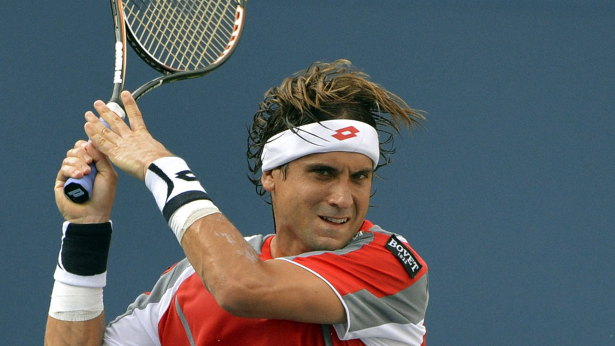 David Ferrer, red and gray shirt, blue court background, Full HD Desktop Wallpaper