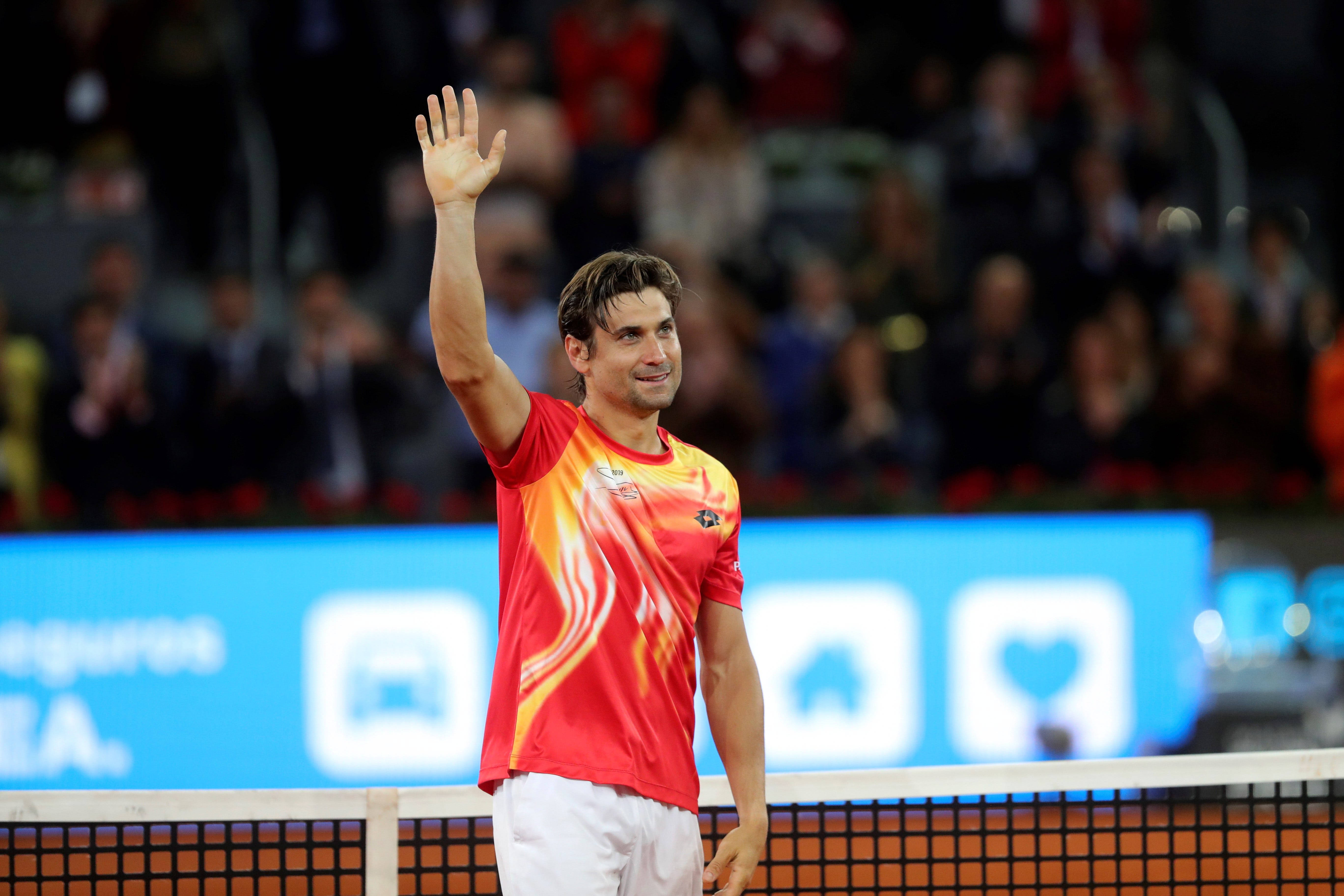 David Ferrer, red and orange shirt, stadium lights, 5K Desktop Wallpaper