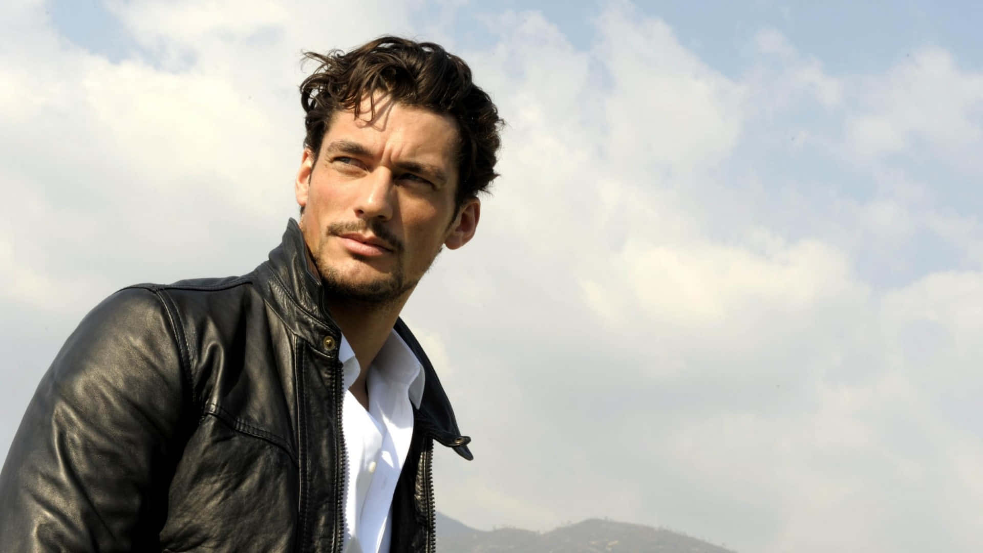 David Gandy, black leather jacket, cloudy sky, Full HD Desktop Wallpaper