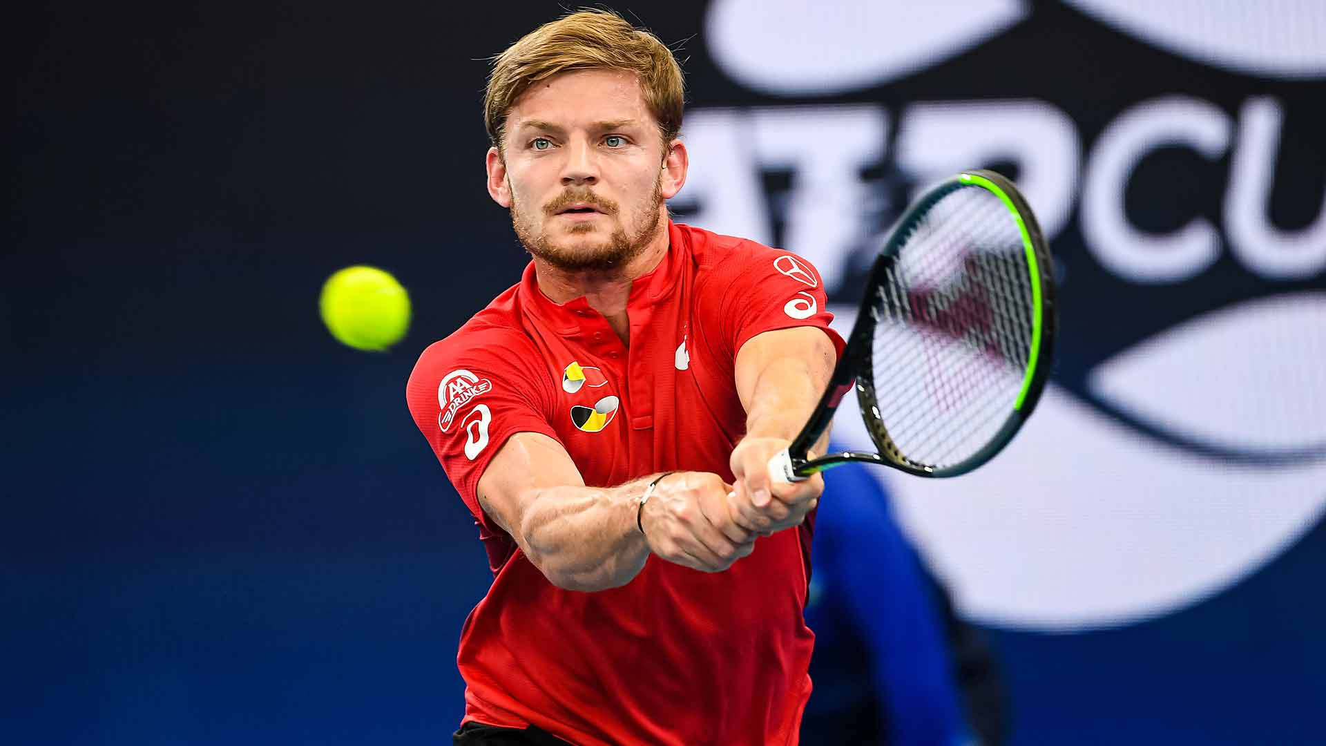 David Goffin, red shirt, bright yellow tennis ball, Full HD Desktop Wallpaper