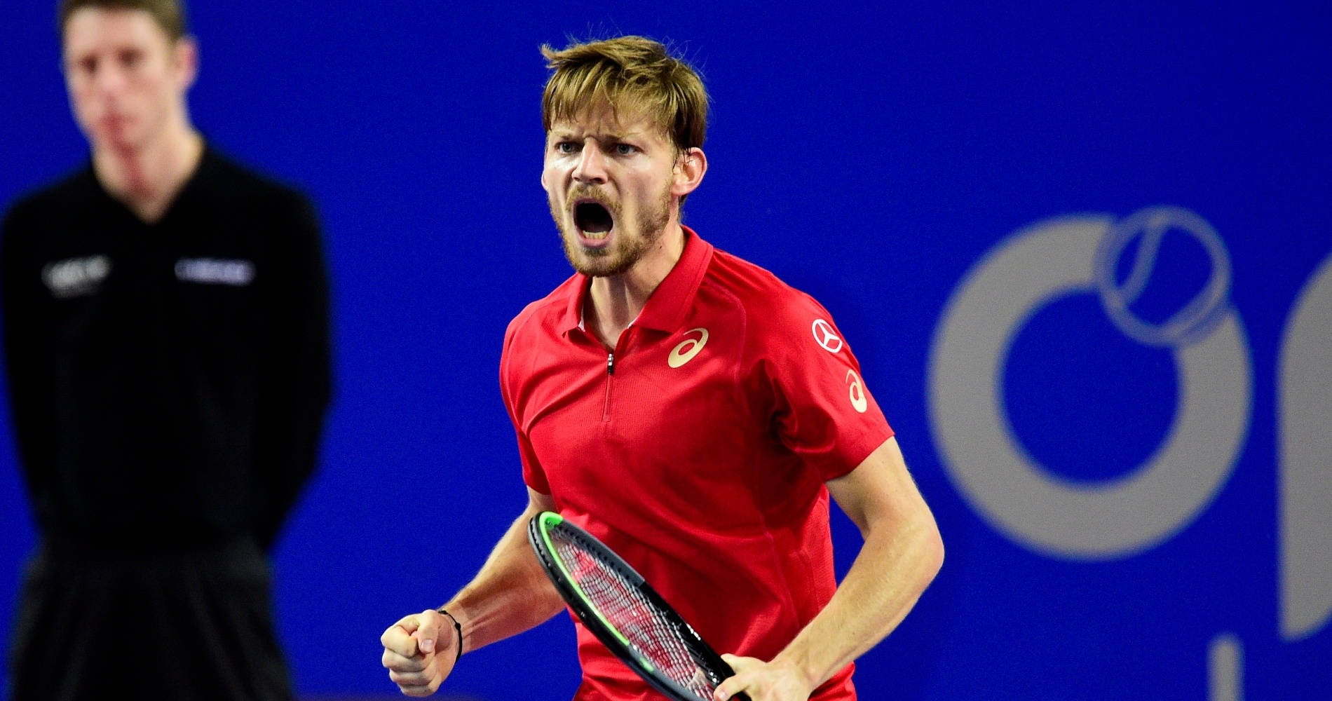 David Goffin, red shirt, racket, HD Desktop Wallpaper